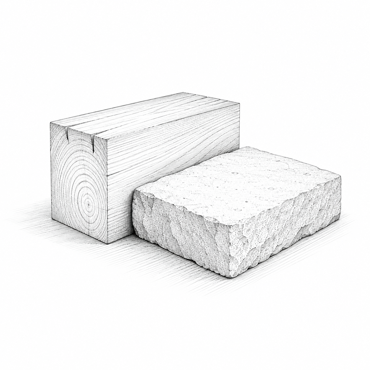 Drawing of two different types of bricks, one with a smooth, wooden texture and the other with a rough, stone texture, placed on a flat surface.