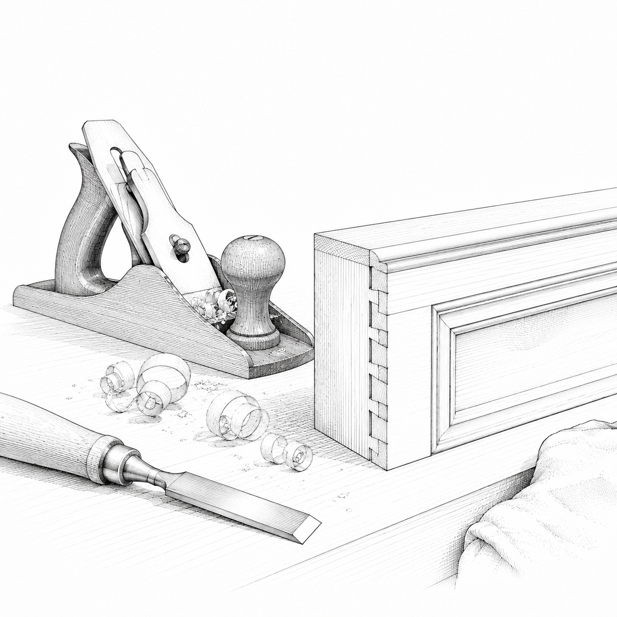 Drawing of woodworking tools including a hand plane, chisel, wood shavings, a file, and a piece of wood assembled with dovetail joints.