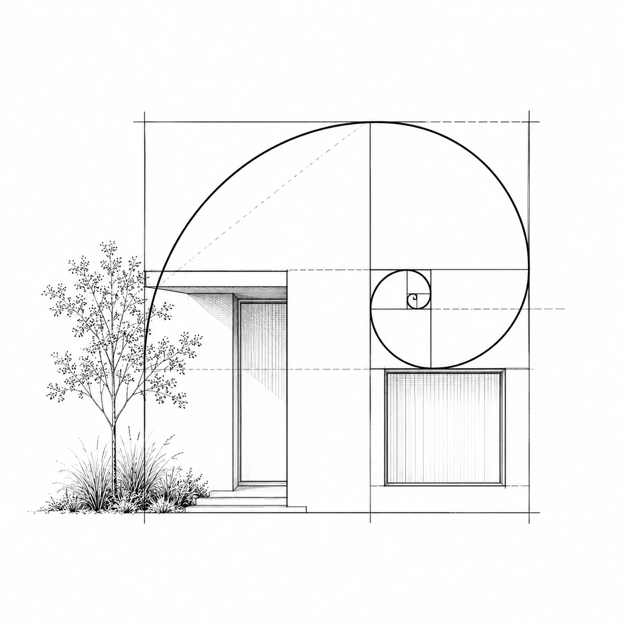 Architectural drawing of a modern house front with spiral staircase, window, door, steps, tree, and landscaping, designed using Fibonacci spiral principles.