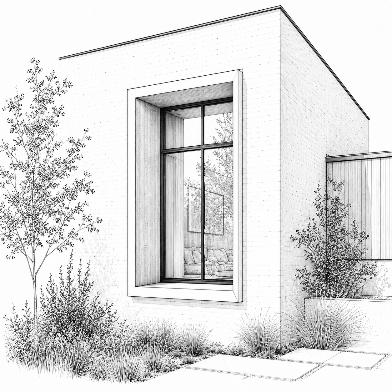Architectural sketch of a modern house exterior with a large window, surrounding trees, plants, and a pathway.