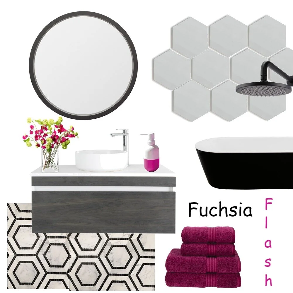 Black, white and fuchia bathroom decor
