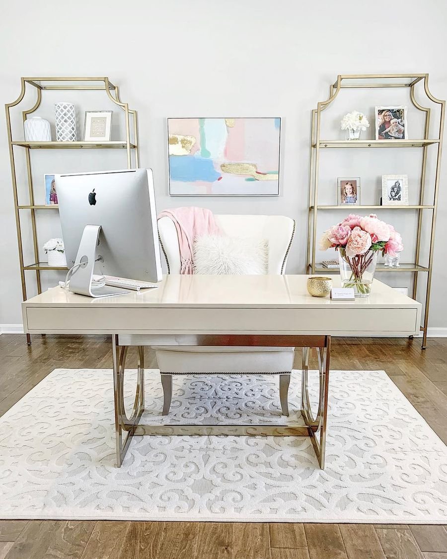 Fresh-Pink-Flowers-in-a-Glam-Office-with-twin-bookshelves-via-@kathrynpackard.jpg