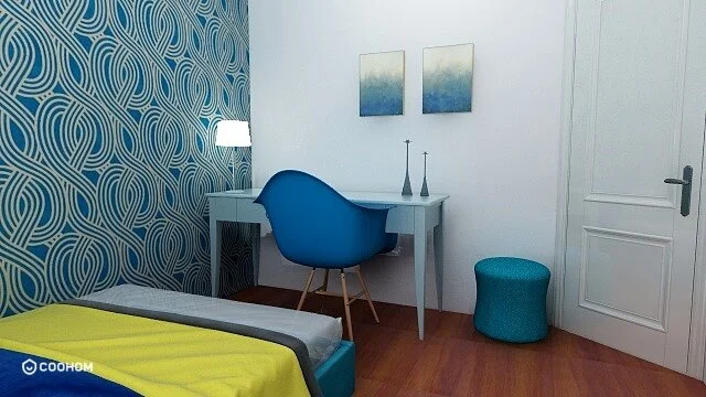 Blue and gold teen girl bedroom makeover 3d render