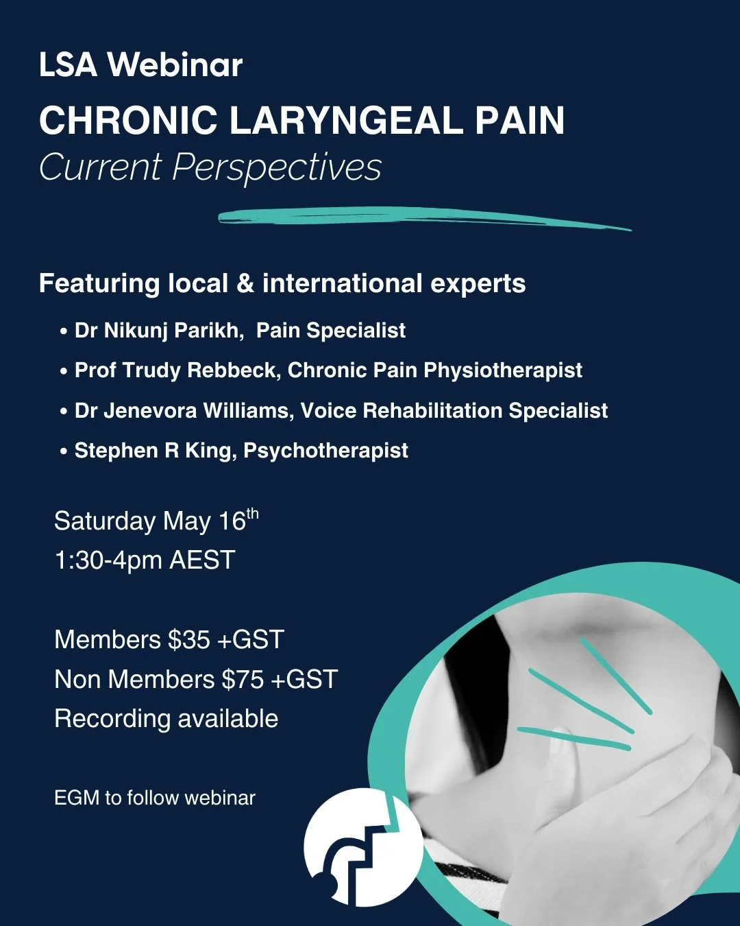 Registration is now live for our upcoming webinar on chronic laryngeal pain, featuring local and international experts from the UK @voicecarecentre 

Swipe to see our invited speakers

#chronicpain #laryngology #slp #physiotherapy #voice