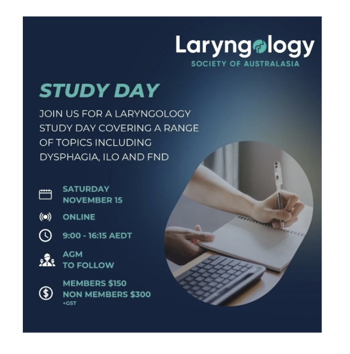 Digital flyer for a laryngology study day organized by the Society of Australasia. Event details include date (Saturday, November 15), time (9:00 to 16:15 AEDT), online format, and registration prices ($150 for members, $300 for non-members). The fly