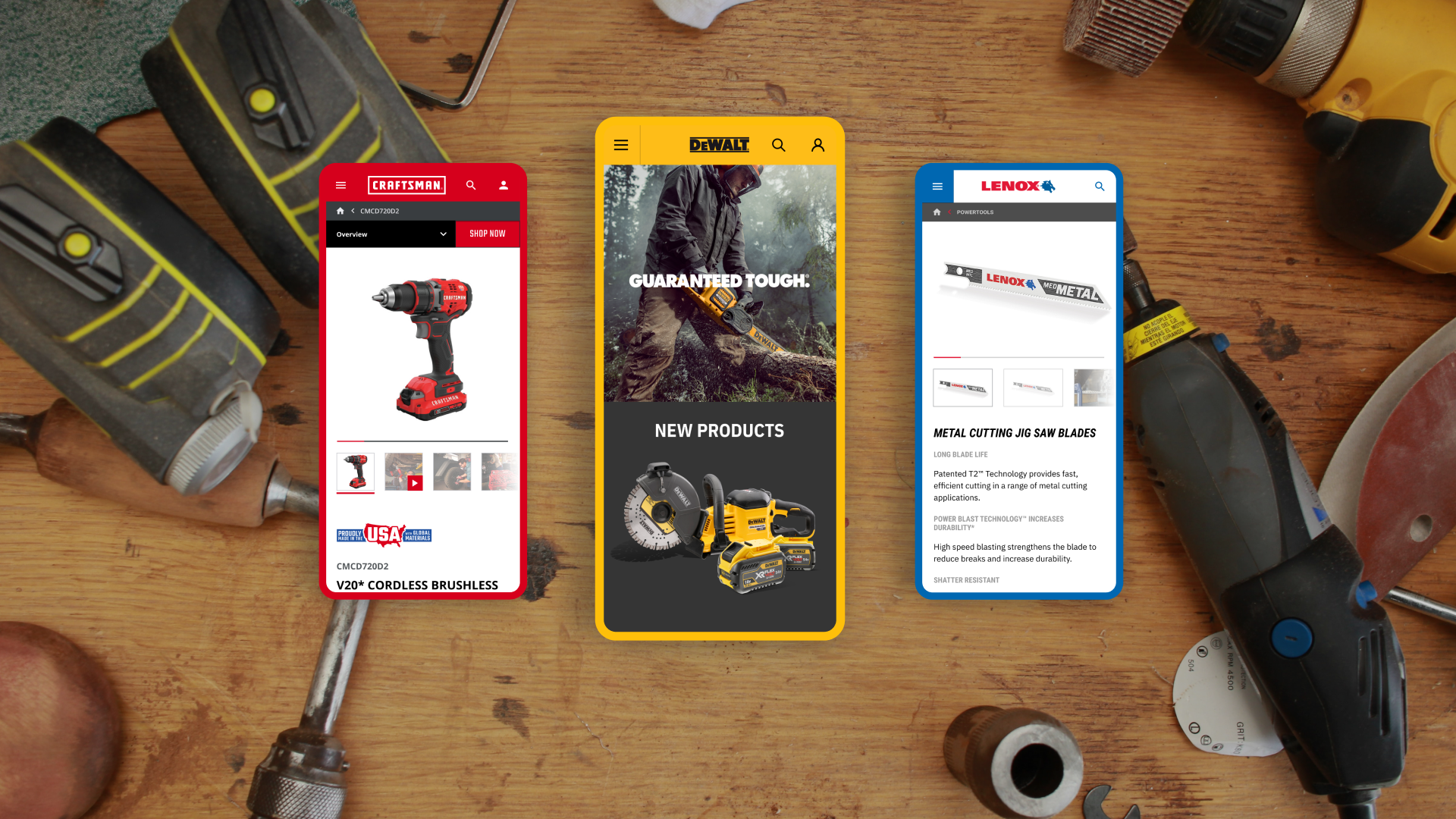 Three smartphones displaying tools and hardware store apps on a wooden workbench surrounded by power tools, drill bits, and sandpaper.