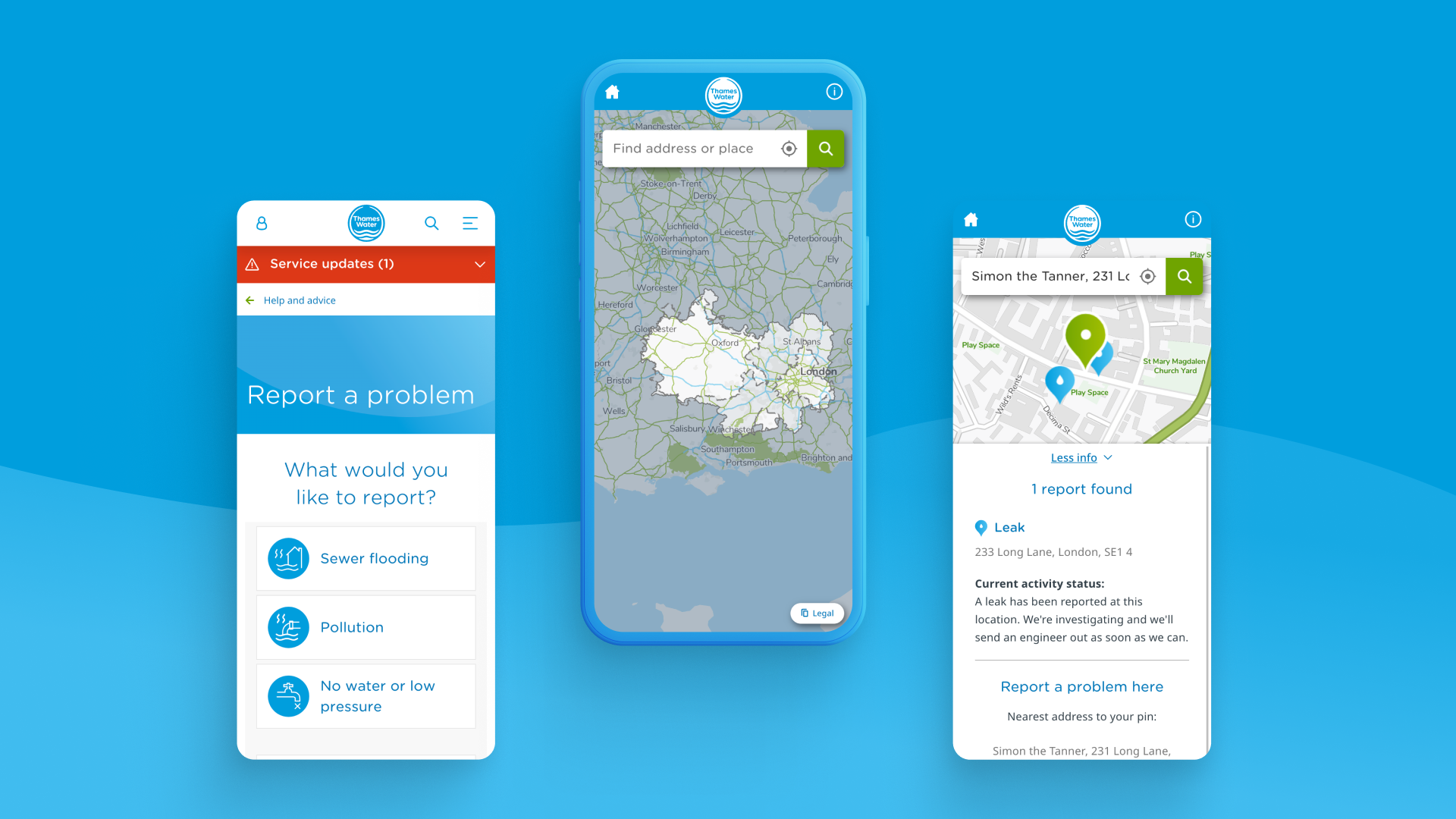 Three smartphones displaying water utility app screens, showing maps, reports of leaks, pollution, and water service updates, with a blue background.