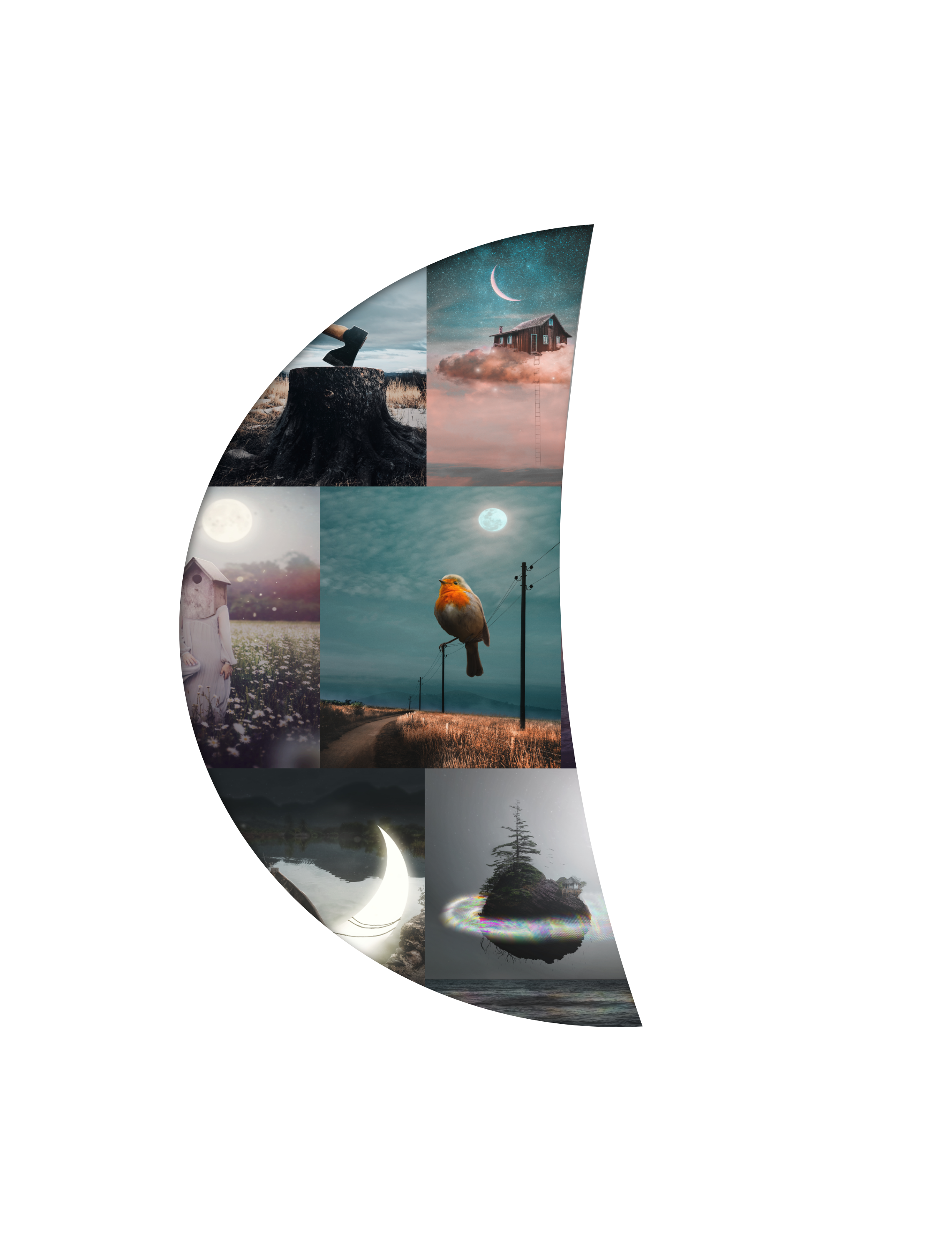 Eine halbmondförmige Collage aus verschiedenen surrealen Landschaftsbildern, inklusive Himmel, Baumstumpf mit Person, Haus in den Wolken, Vollmond, Vogel, Insel im Wasser und Nachthimmel.