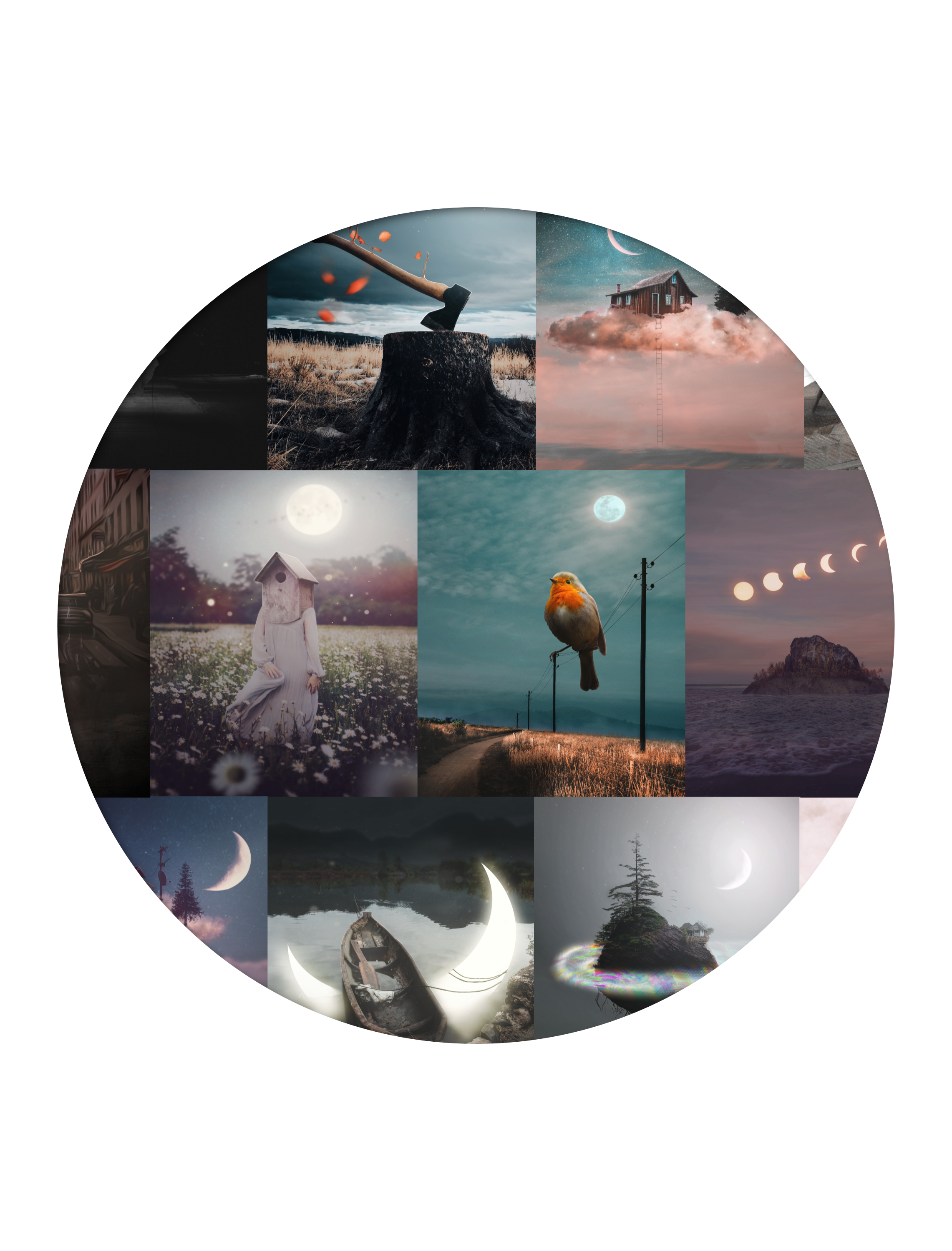 Collage aus verschiedenen surrealen und naturinspirierten Szenen, darunter eine Axt in einer Baumstumpf, ein Haus auf Wolken, ein Mädchen mit einem Vogelhäuschen-Kopf, ein Vogel auf einer Leitung, eine Insel im Meer, Vollmonde, Mondphasen, eine Bootsszene auf ruhigem Wasser