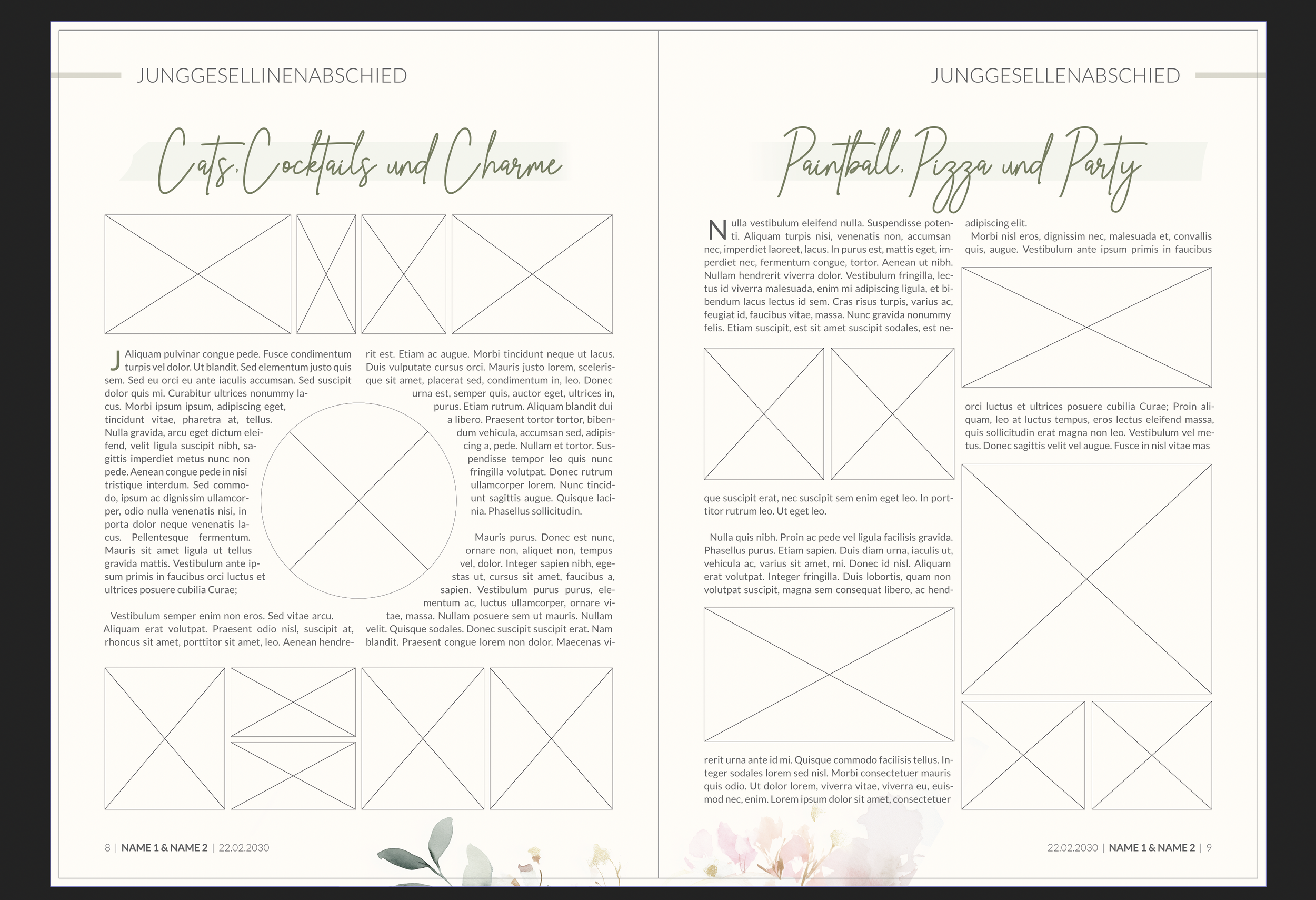 Eine zweispaltige Einladung mit Überschriften 'Junggesellinnenabschied' und Themen 'Cats, Cocktails und Charme' sowie 'Paintball, Pizza und Party'. Enthält Platzhalter für Bilder, Textabschnitte und dekorative Elemente wie Wasserfarbenblumen am unteren Rand.