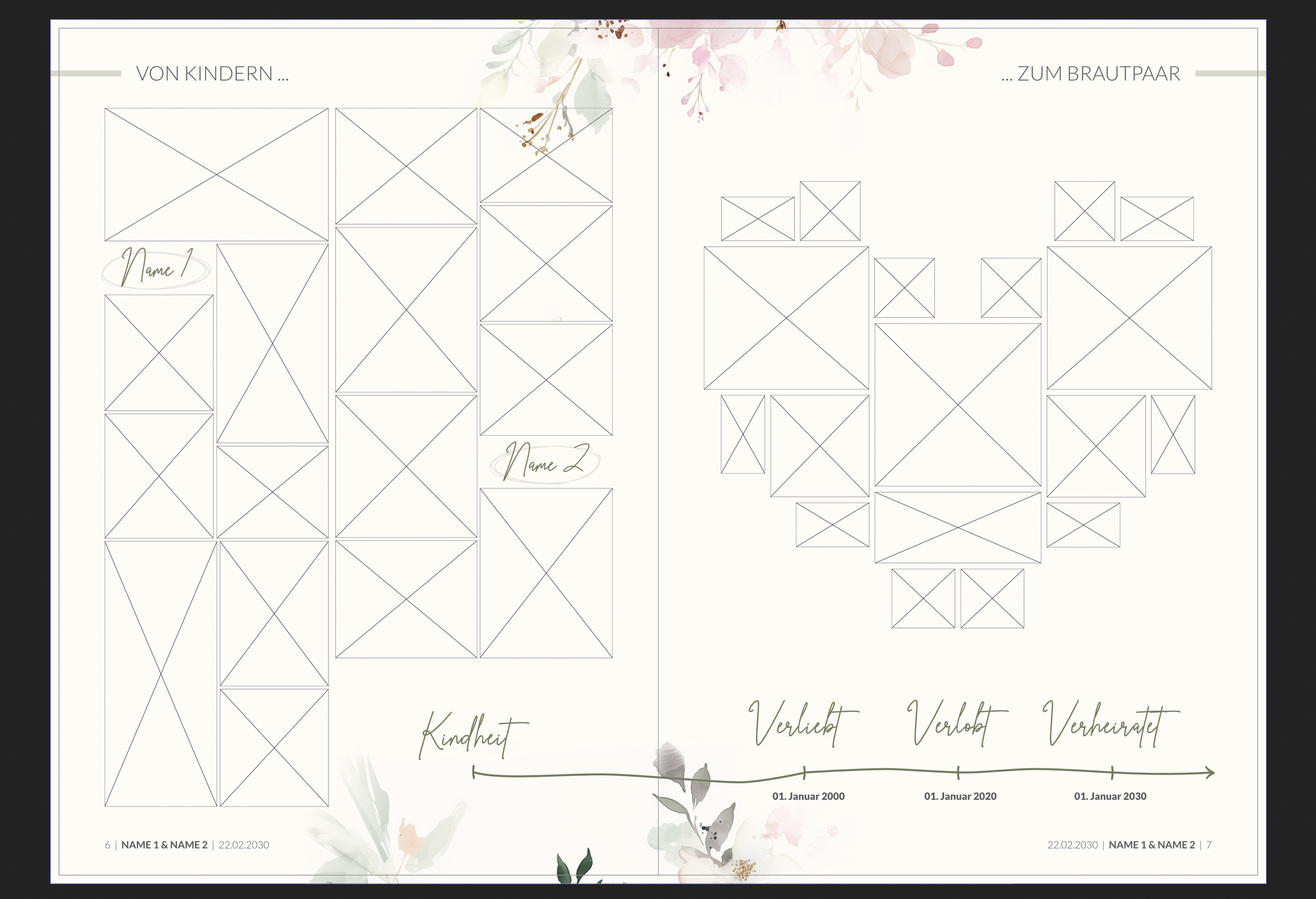 Eine stilisierte Vorlage für ein Hochzeitsalbum mit Platz für Fotos, Überschriften und Beschriftungen, dekoriert mit zarten Blumenmustern.