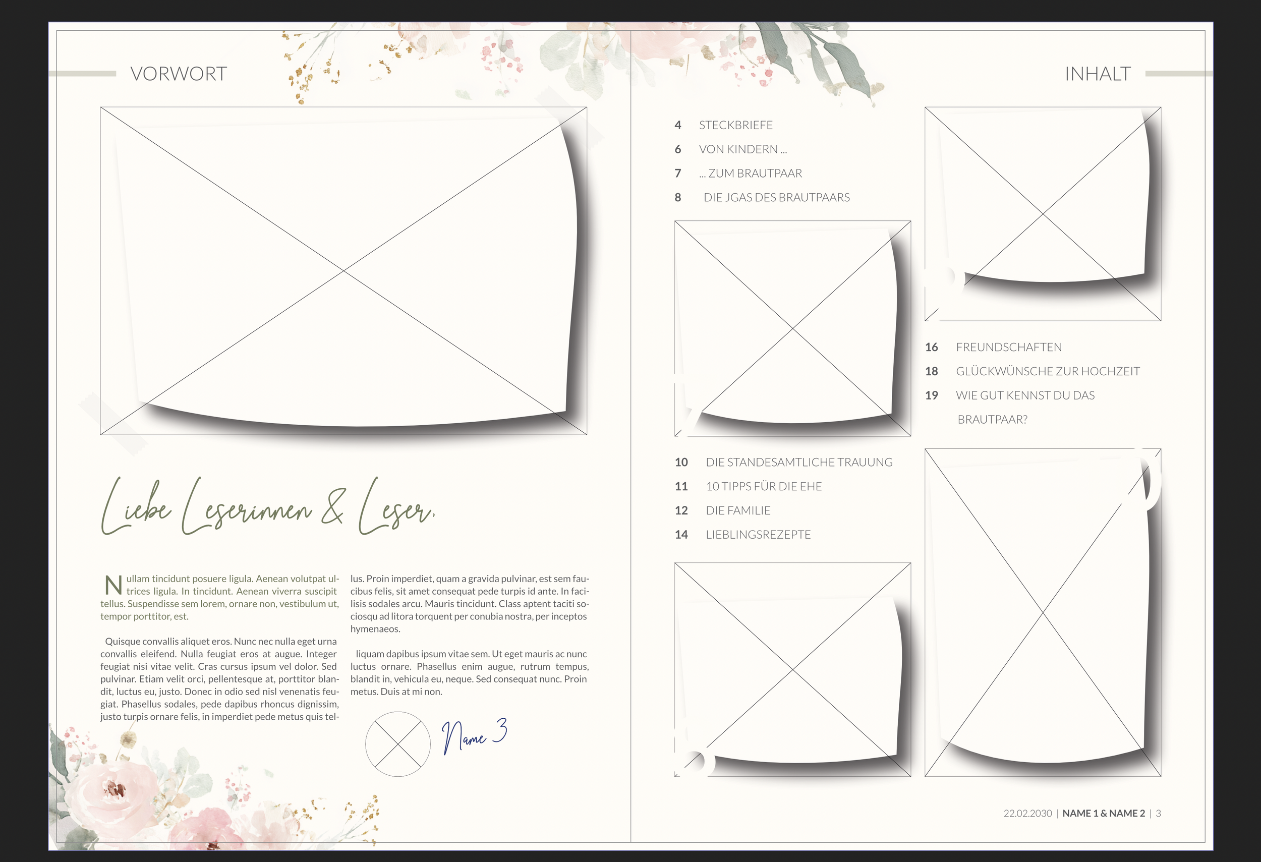 Hochzeitsprogramm mit floralem Design, enthält Platzhalter für Fotos, einen Begrüßungstext, Inhaltsangabe mit Themen wie Briefe, Kinder, Brautpaar, Glückwünsche, Trauung, Freunde, Familie, Rezepte. Dekorative Blumenmotive in Pastellfarben.