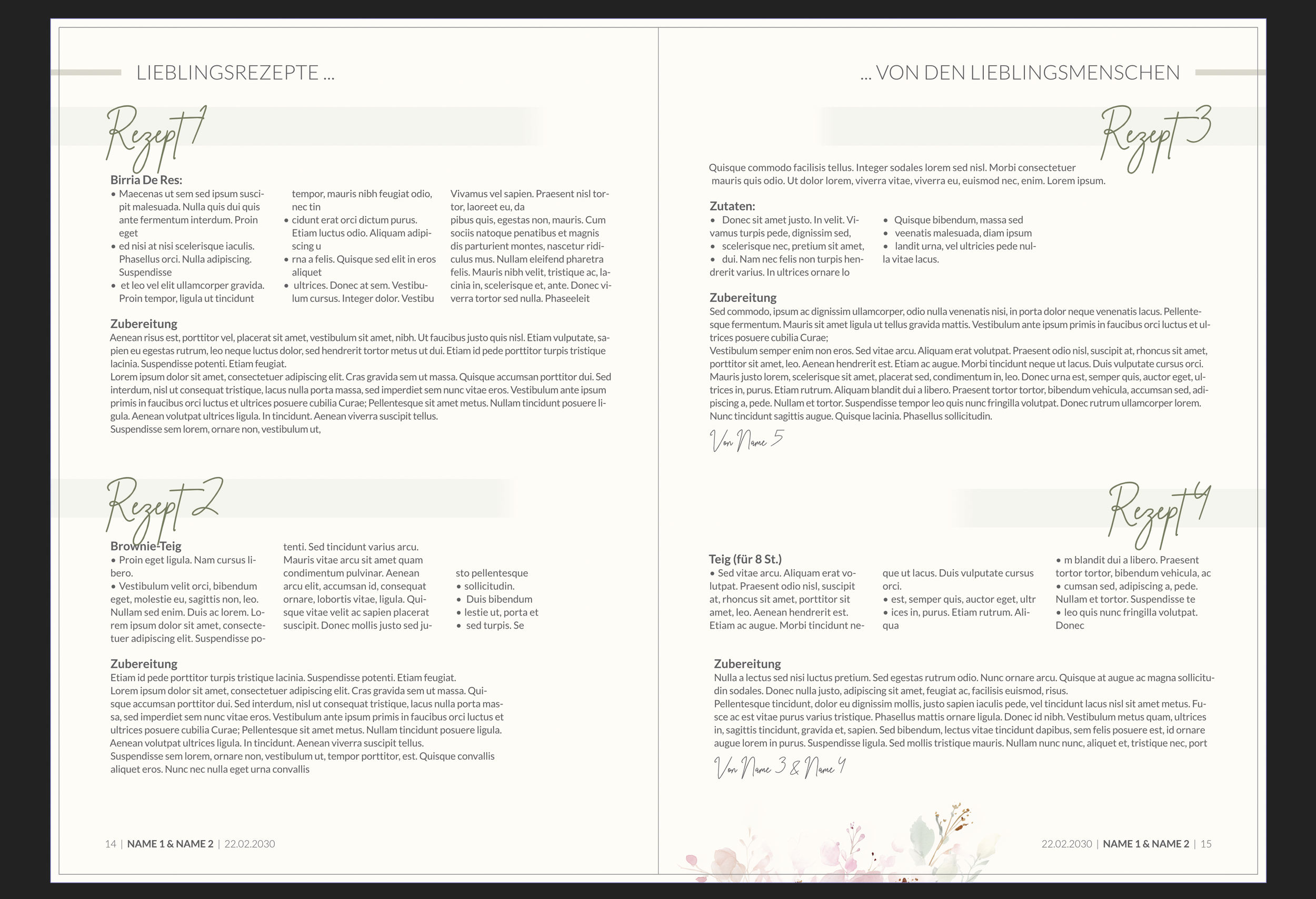 Ein Doppelseitenlayout eines Rezeptsammlung mit vier Rezepten, Titel in handschriftlicher Schrift, Fließtext, Zutaten und Zubereitung, dekorative Blumen im unteren Bereich, Datum und Seitenzahlen am unteren Rand.