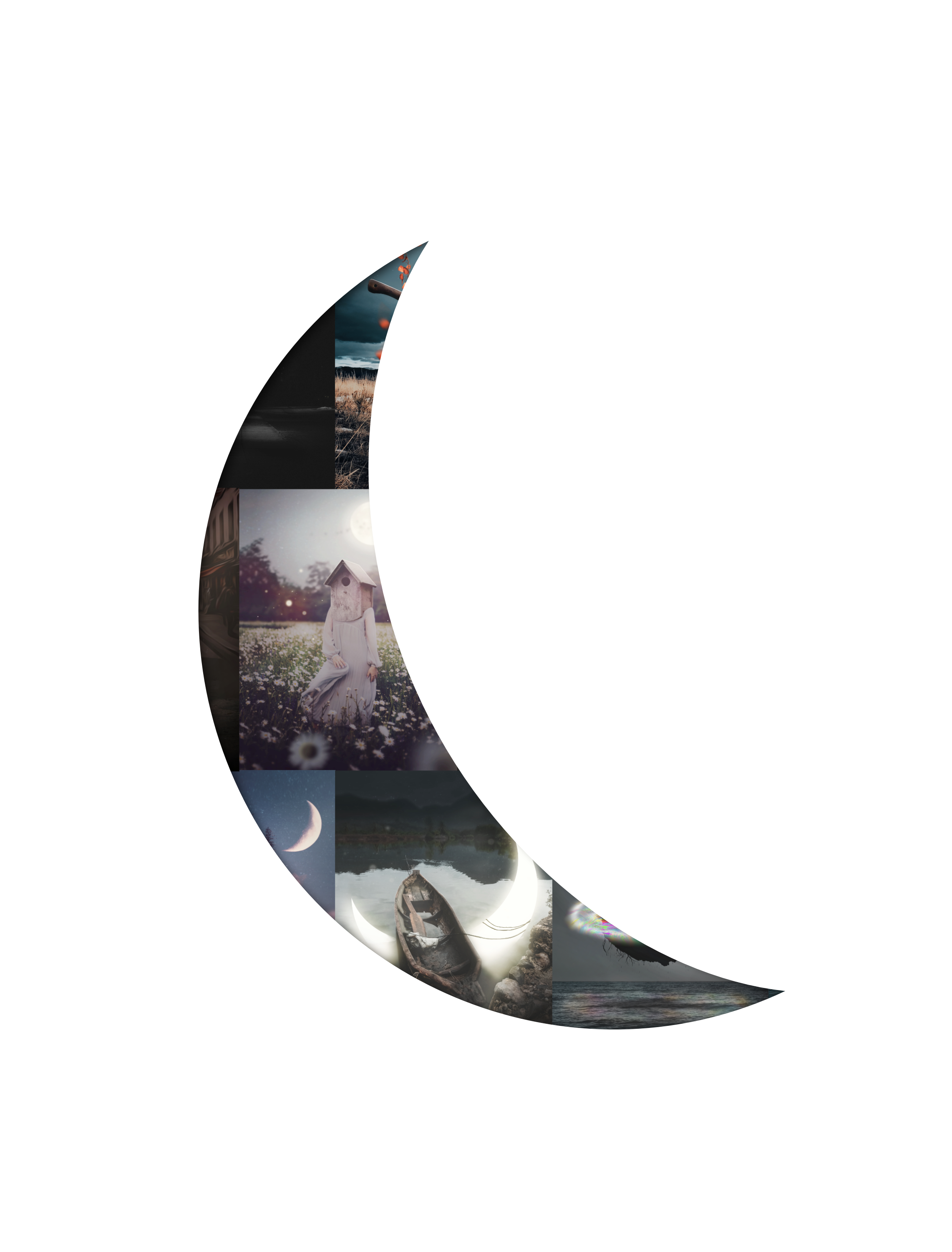 Ein zerbrochenes Vollmond menschliches Gesicht mit verschiedenen Natur- und Landschaftsbildern im Inneren, darunter ein Mädchen im Blumenfeld, ein Boot im Wasser, ein Mond am Himmel, eine dunkle Nachtansicht und eine Stadt.