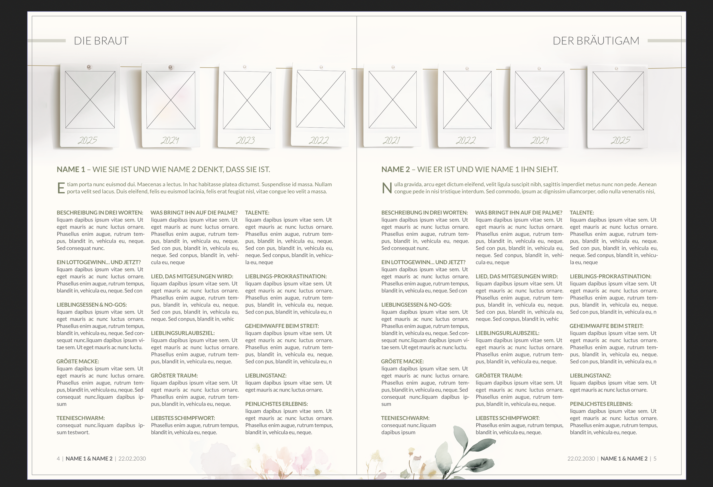 Eine Frühzeit- oder Hochzeitszeitung mit Fotos und Text über die Braut und den Bräutigam, einschließlich Jahreszahlen, Beschreibungen, Talente und Empfehlungen, mit jungem, elegantem Design und floralem Akzent am unteren Rand.