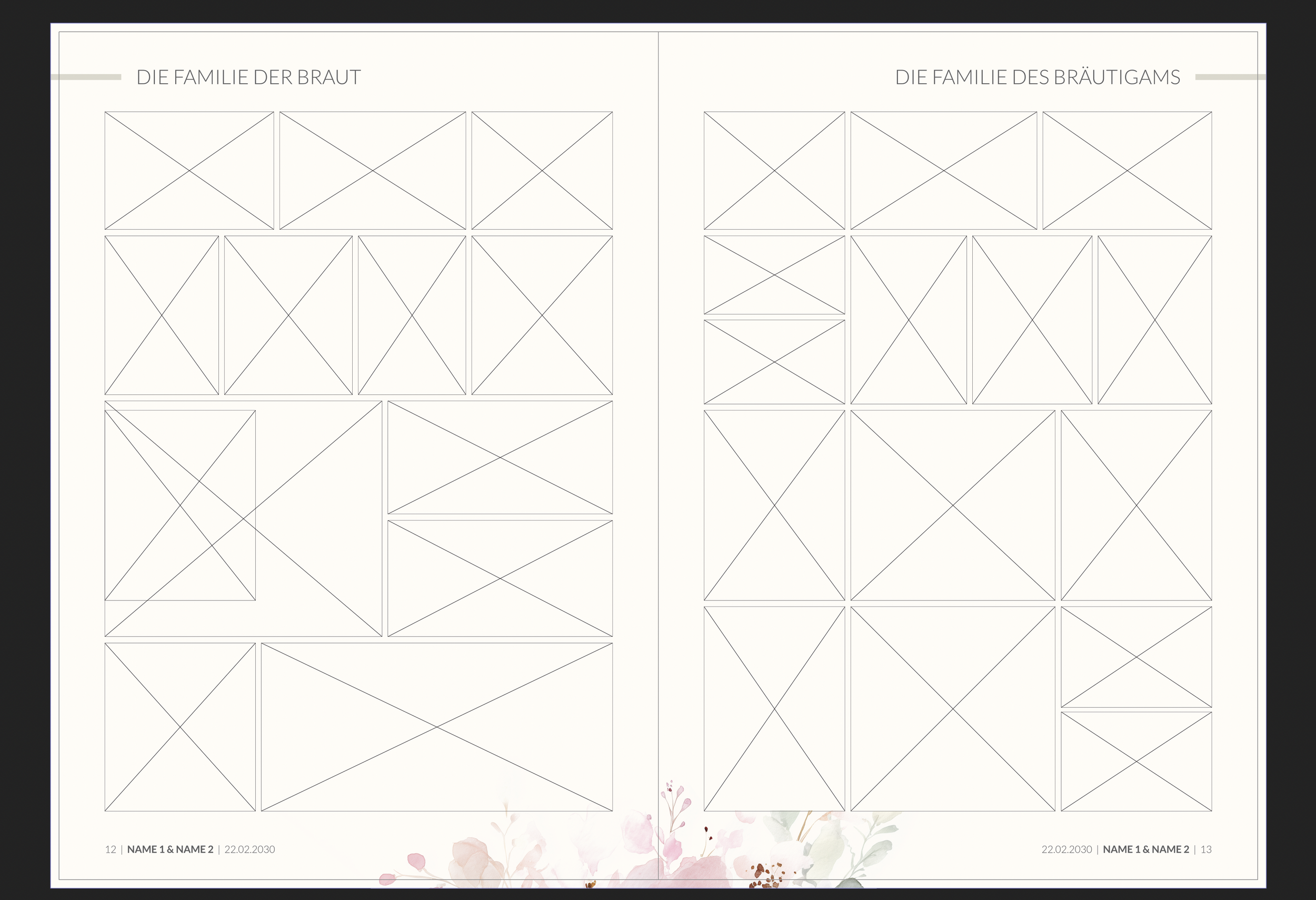 Leer gestaltetes Hochzeitsfamilien-Layout mit Platzhaltern für Fotos auf einer Doppelseite, mit Überschriften 'DIE FAMILIE DER BRAUT' und 'DIE FAMILIE DES BRÄUTIGAMS', auf weißem Hintergrund mit zartem Blumenmuster am unteren Rand.
