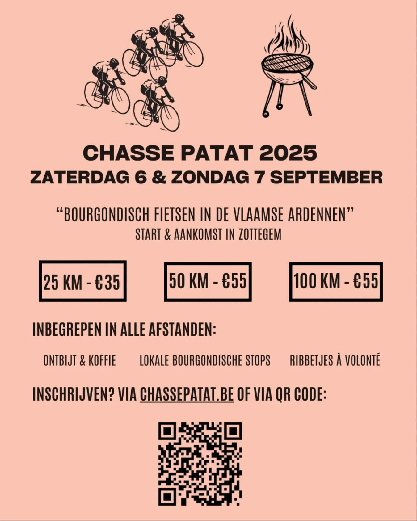 Nog 3 weken tot Chasse Patat! 🍖
Onze formule? Fietsen met vrienden (25-50-100KM) gecombineerd met Bourgondische stops én ribbetjes à volonté aan de finish! 🤩
Een weekend vol sfeer en fietsplezier in de Vlaamse Ardennen! 🥳
?
