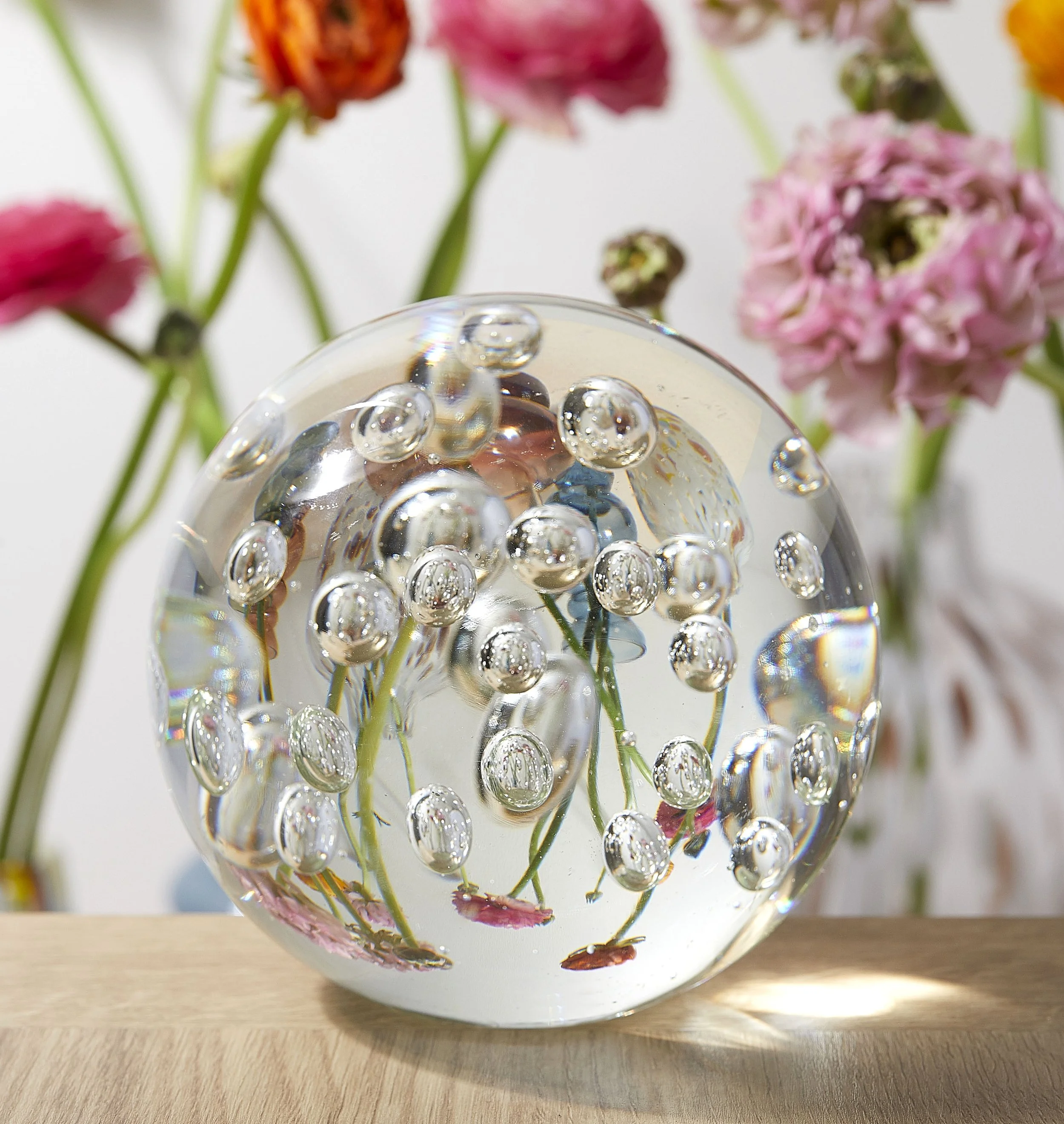 Surreal still life photography using reflections in blown glass, looking at distorted flowers in vases, studio still life photography by victoria cook photography