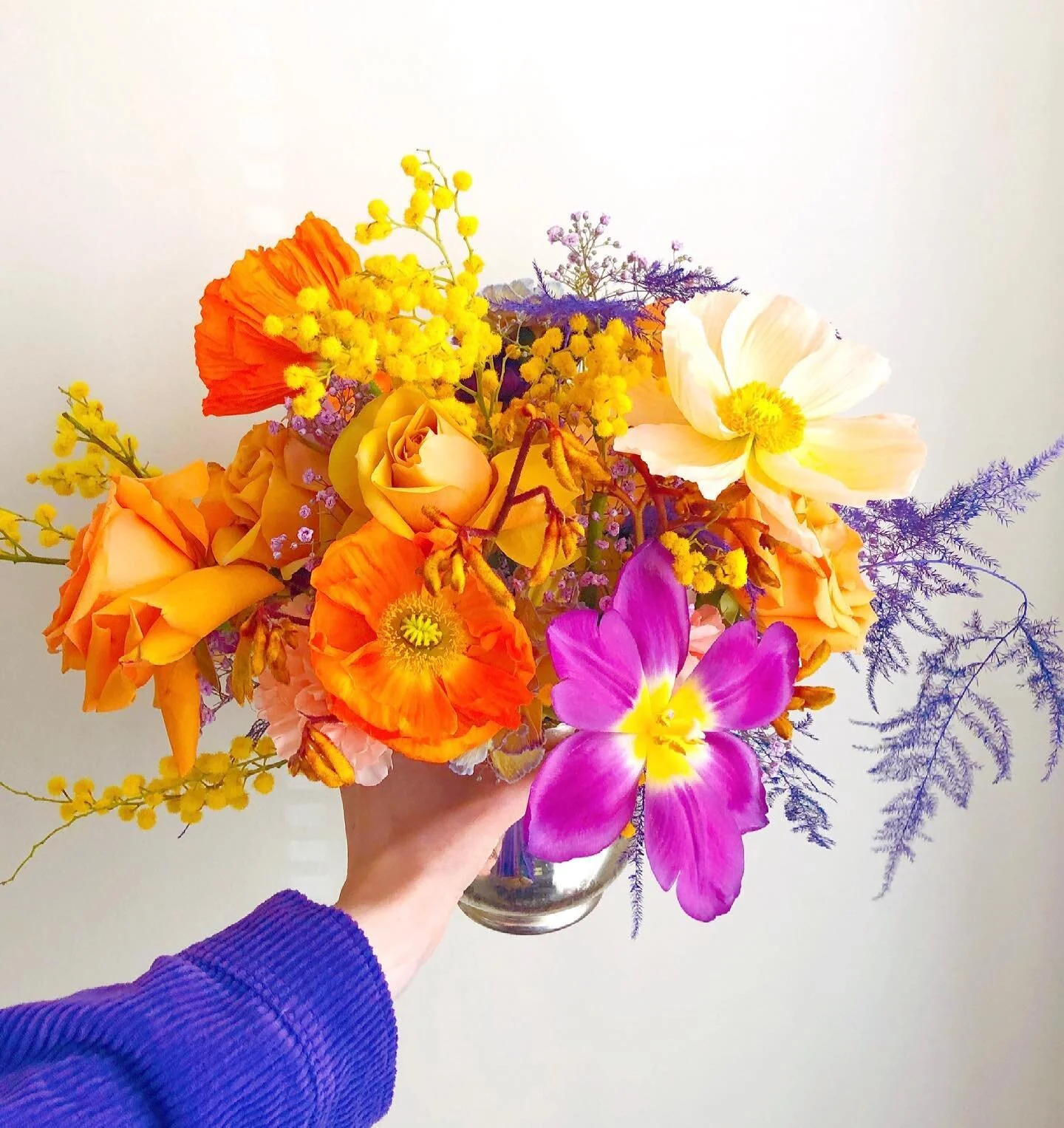 A few of my favorite things (like this violet corduroy jacket and color combo) and favorite flower names (poppies, mimosa, kangaroo paw). Willing Spring into existence by surrounding myself with color 🌈