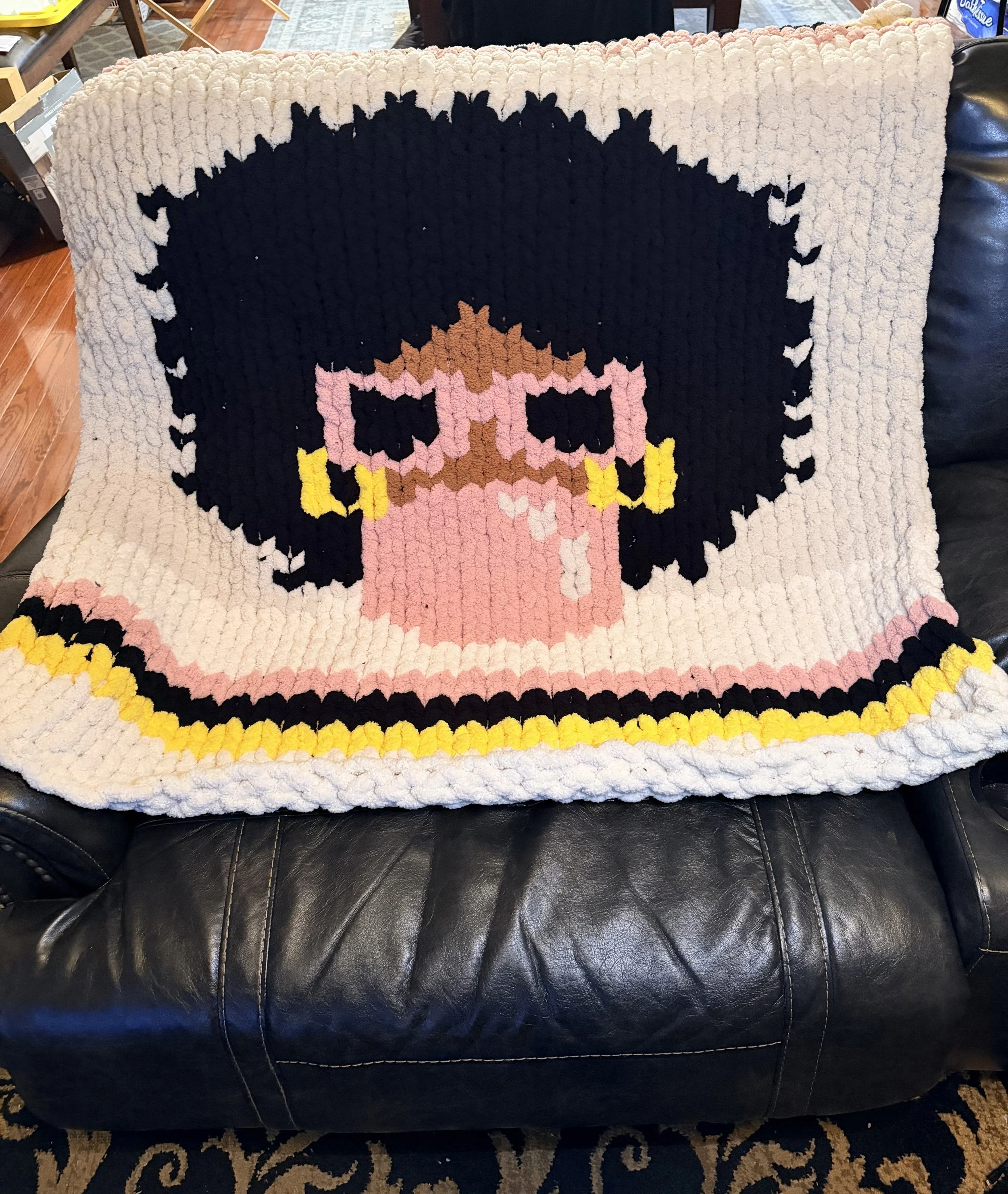 Pink Glasses Lady — Hand-Knitted Chunky Blanket (30” x 60”)