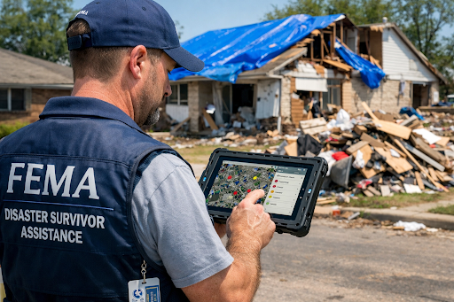 (Description: A FEMA multimedia library photo of a disaster survivor speaking with an inspector holding a tablet, illustrating the transition from paper-based legacy systems to digital, geospatial-enabled recovery tools.)