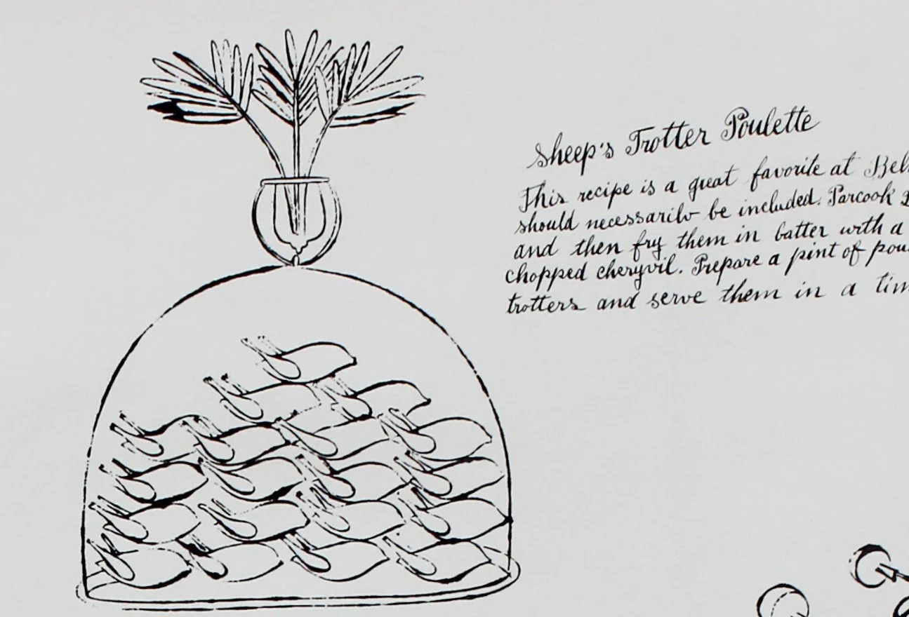 An upper right detail image of Andy Warhol’s 1959 offset lithograph with hand-coloring on paper, Wild Raspberries: two plates.