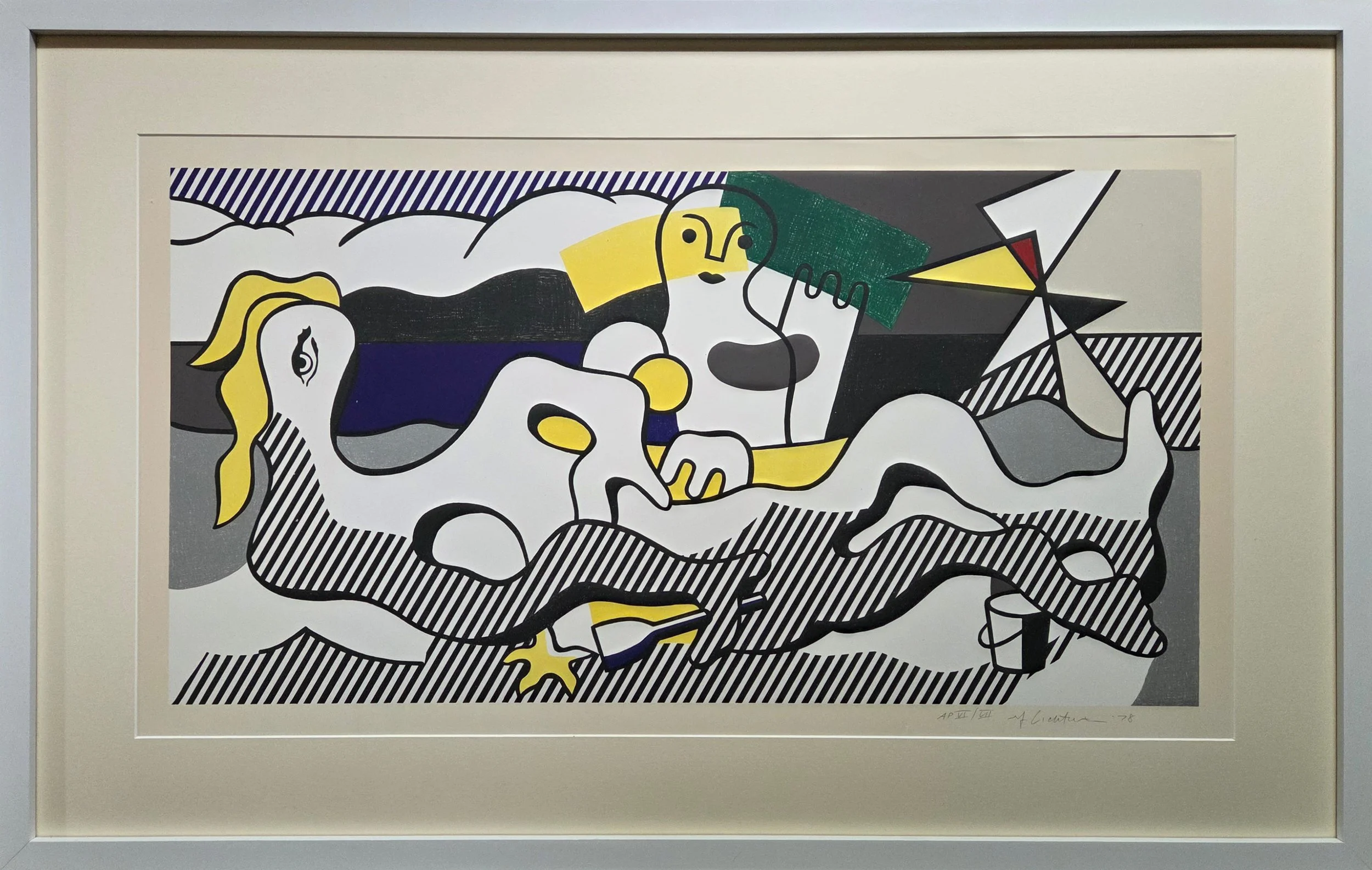 Lithograph on Arches paper by Roy Lichtenstein, 'At The Beach', shown here framed.