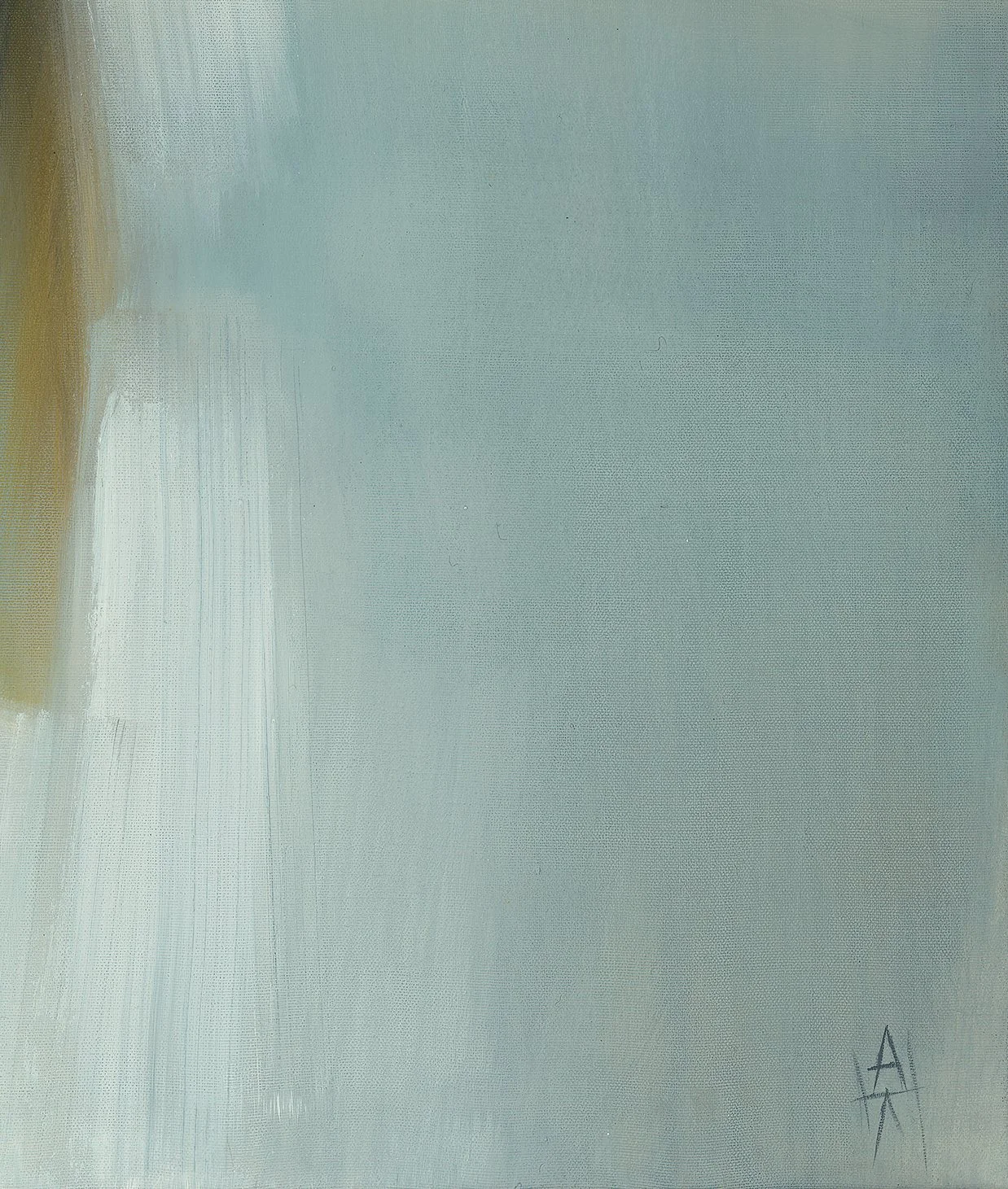 A lower right detail image of Amy Kirchner’s 2025 acrylic on canvas work, 'Cove'. The artist’s initials may be seen at bottom right.