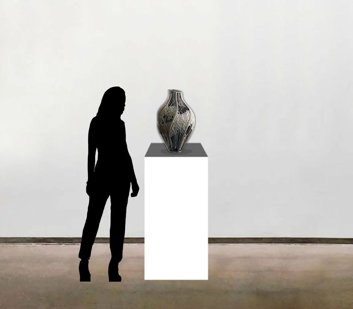 Julia Ibbini’s 'Kŷma | Vessel', shown here to scale on a white pedestal alongside a six foot tall figure.