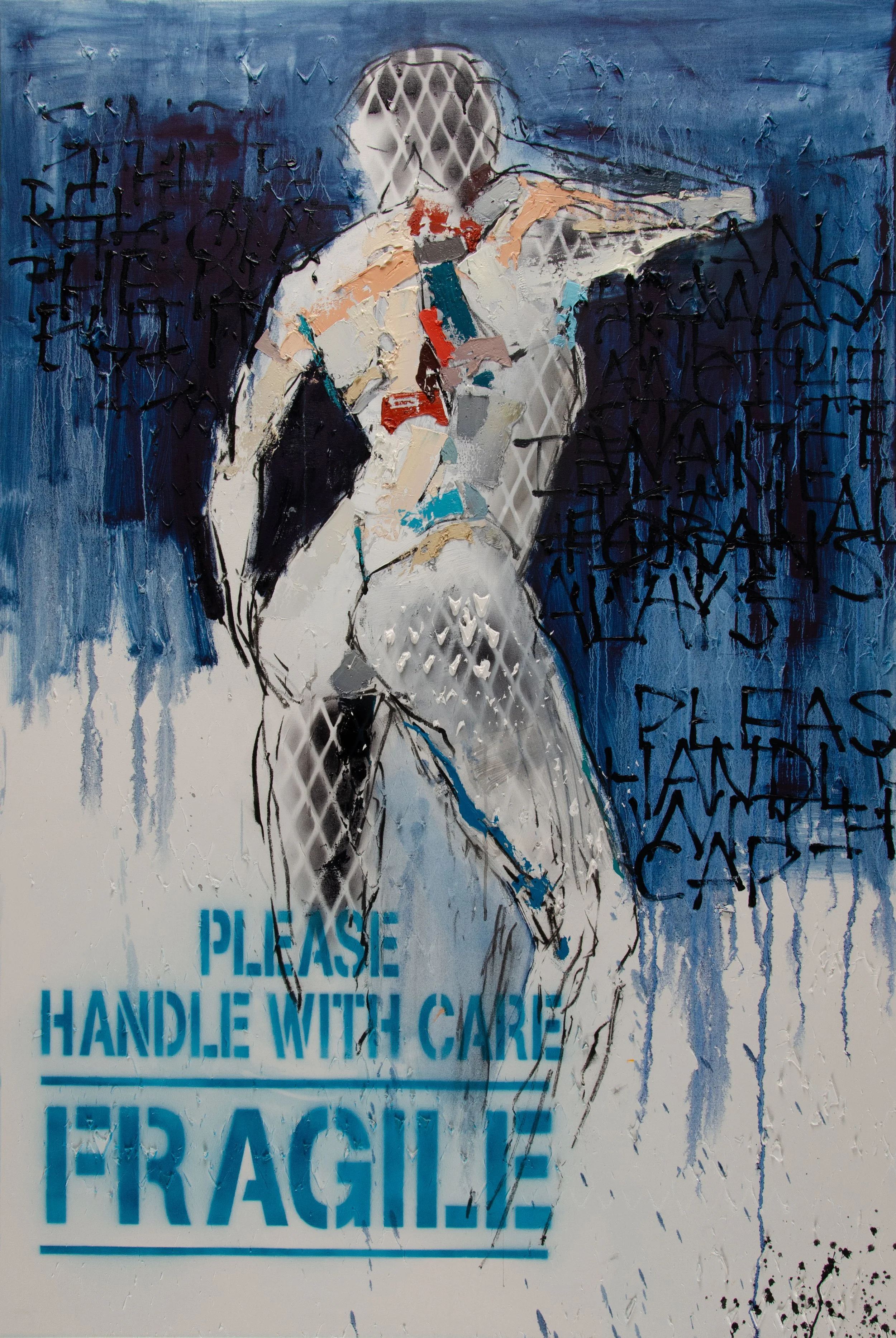 State of Fragility #11 (2023) Mixed media on canvas; Hand signed, titled, and dated on verso; 73 x 50 in (185.42 x 127 cm) (framed)