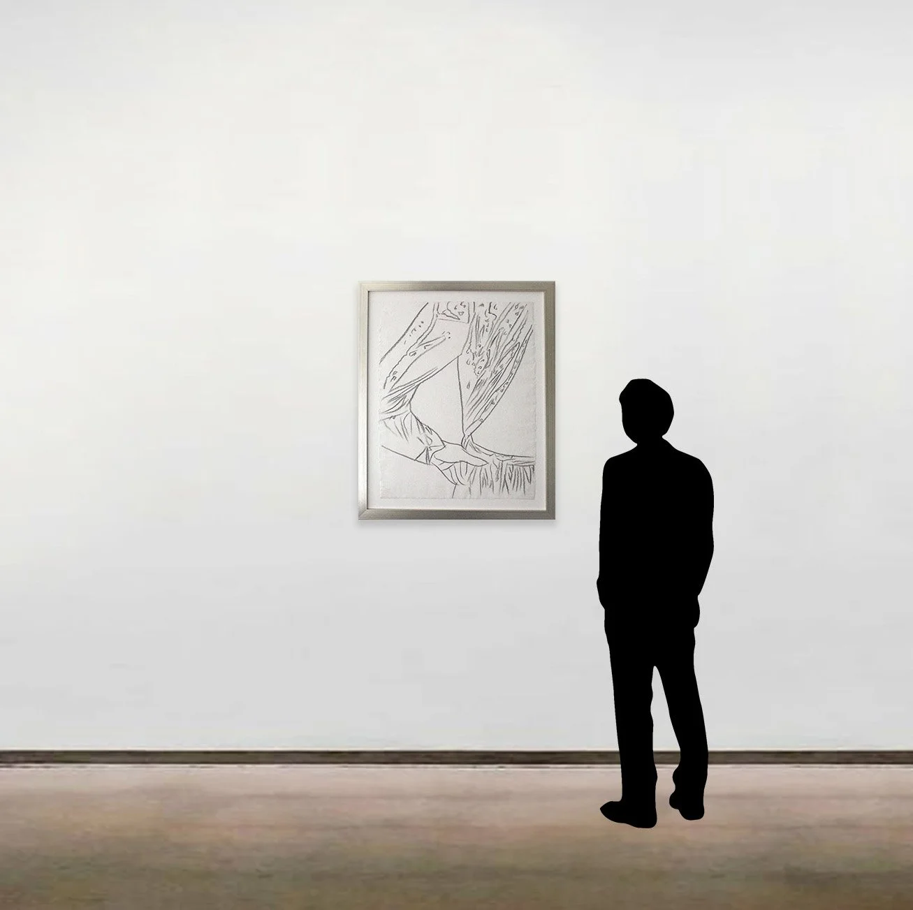 Andy Warhol’s unique graphite drawing on paper, Fashion, shown in a metallic frame alongside a six-foot figure.