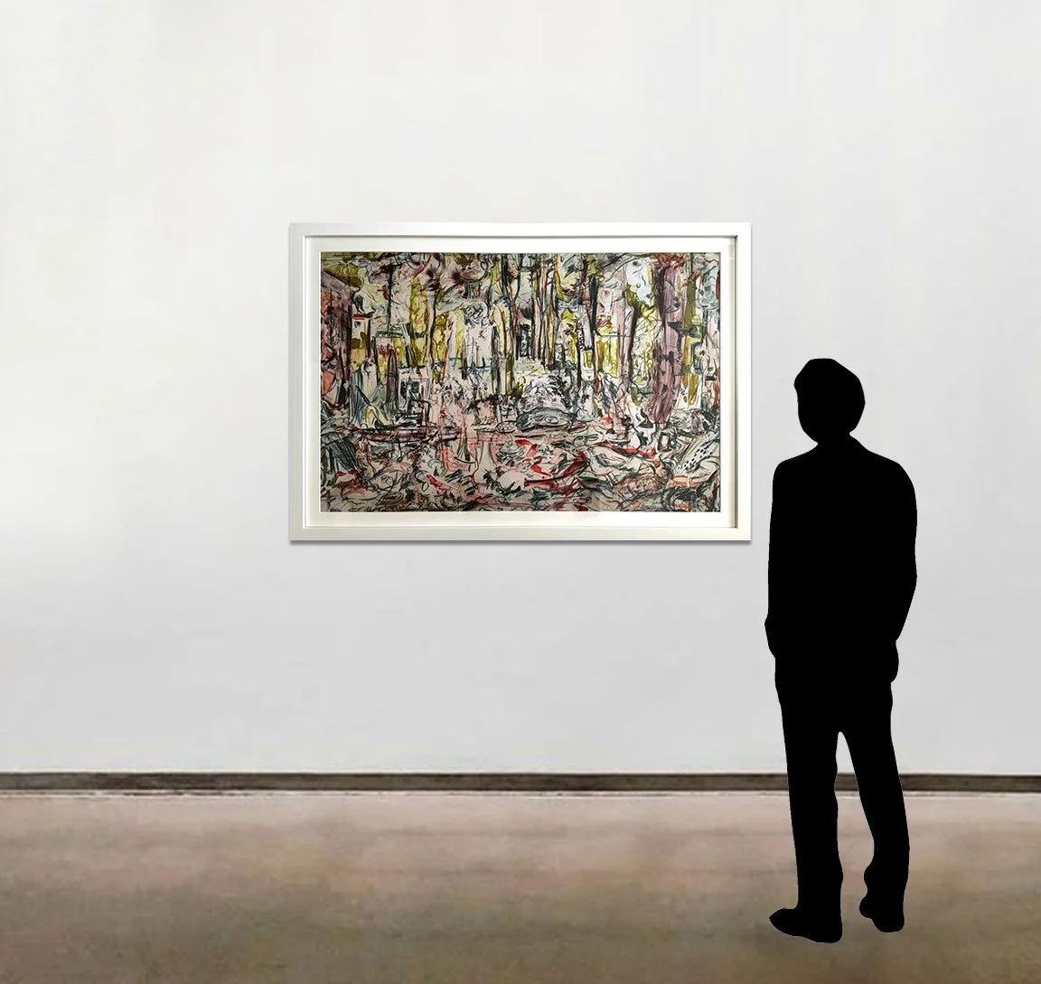 Cecily Brown’s etching, 'The Five Senses red yellow blue', shown here framed and to scale alongside a six foot tall figure.
