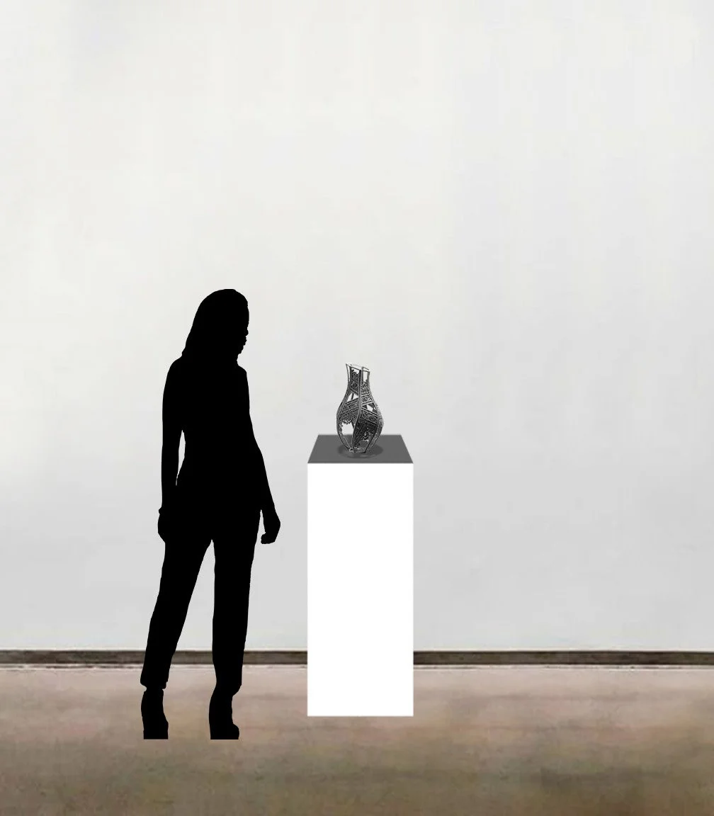 Julia Ibbini’s 'Rebel Artefacts - Saba’a', shown here to scale on a white pedestal alongside a six foot tall figure.