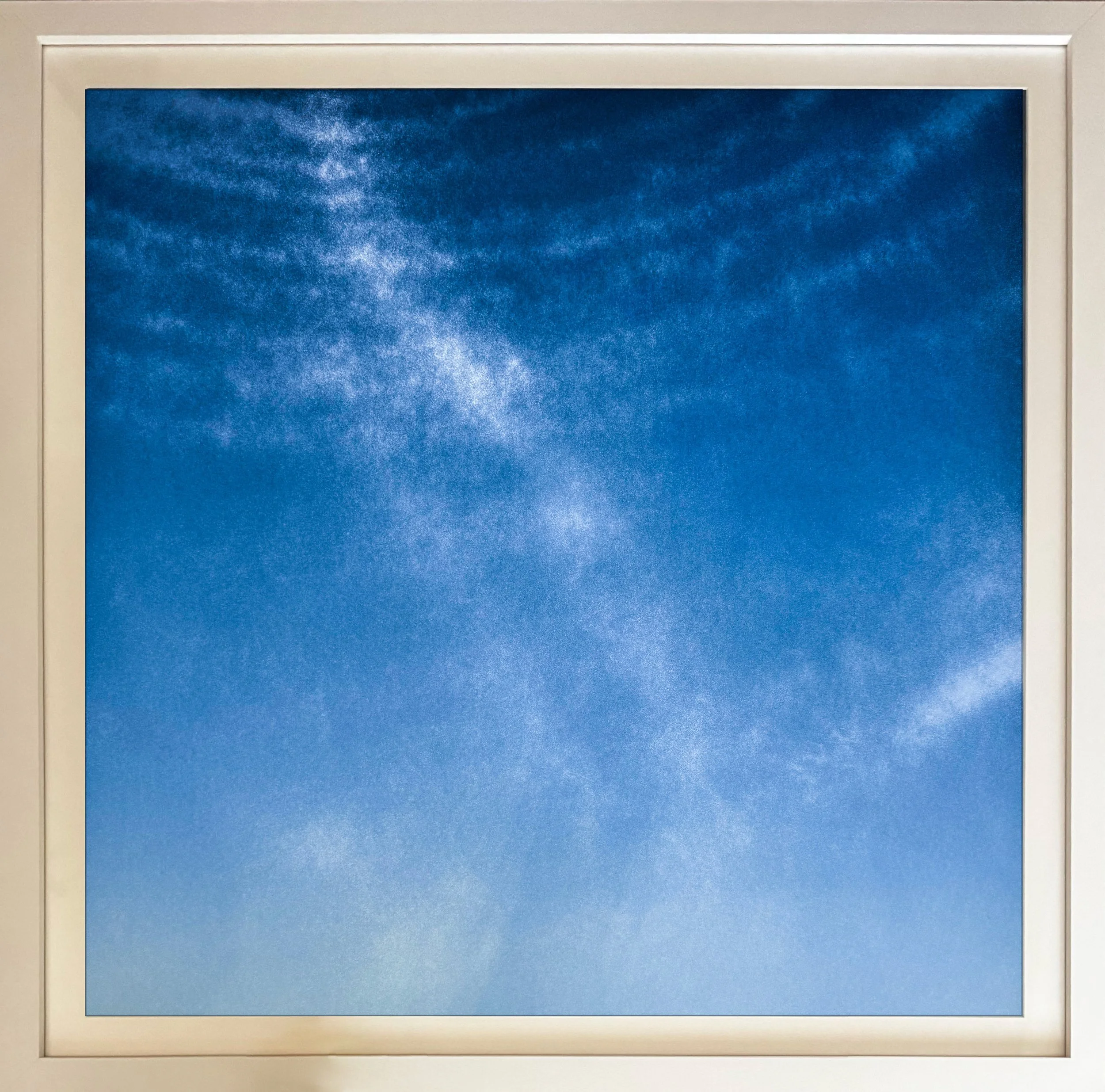 Tacita Dean’s 3-color blend lithograph, 'LA Exuberance 14', shown here in a white frame.