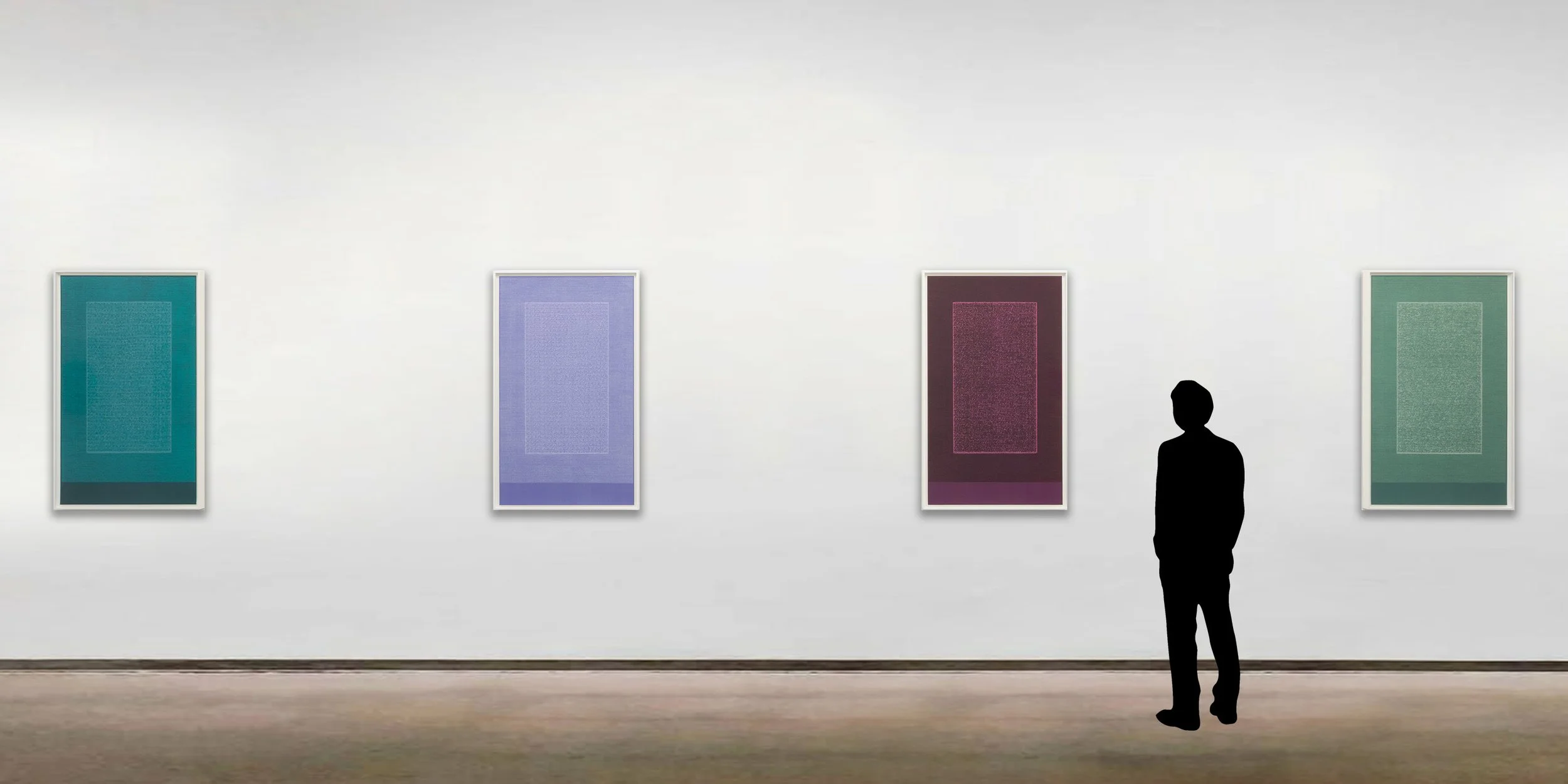 An installation rendering of Idris Khan’s suite of four screenprints with letterpress, 'After the reflection', shown here to scale alongside a six foot tall figure.  Installation images courtesy of Cristea Roberts Gallery, London.