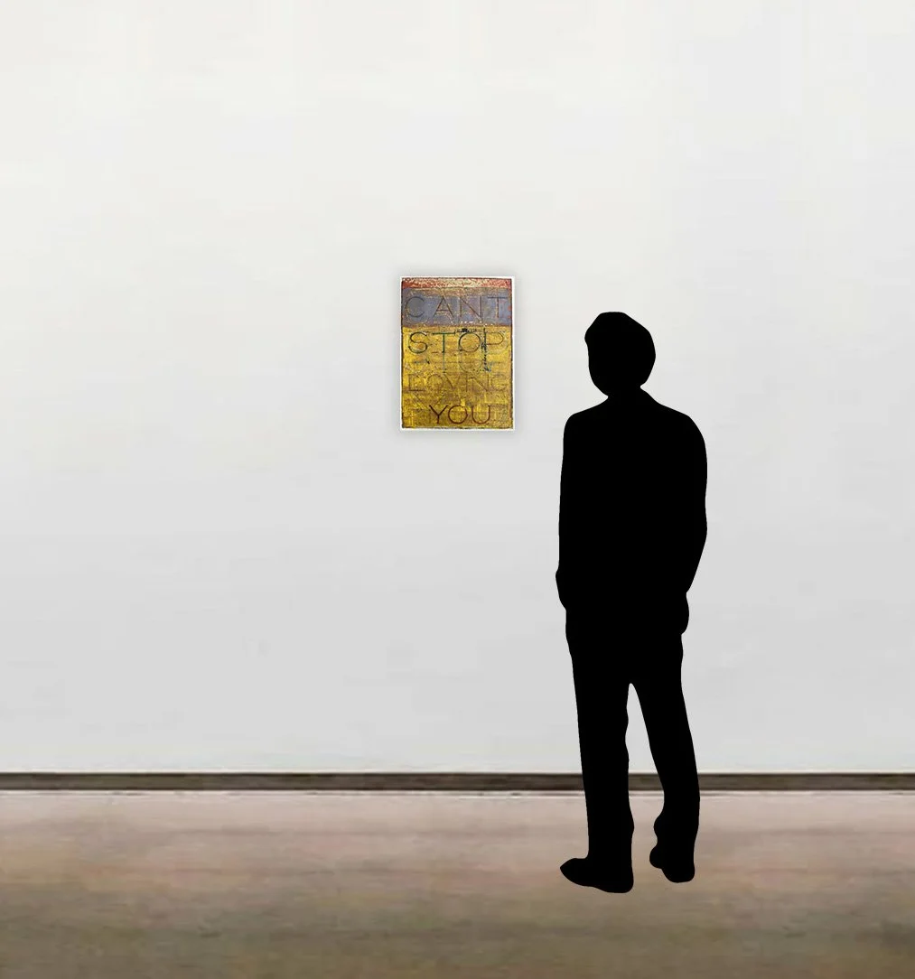 David Spiller’s acrylic on paper work, ‘Can’t Stop Loving You’, shown here unframed and scaled beside a six-foot-tall figure.