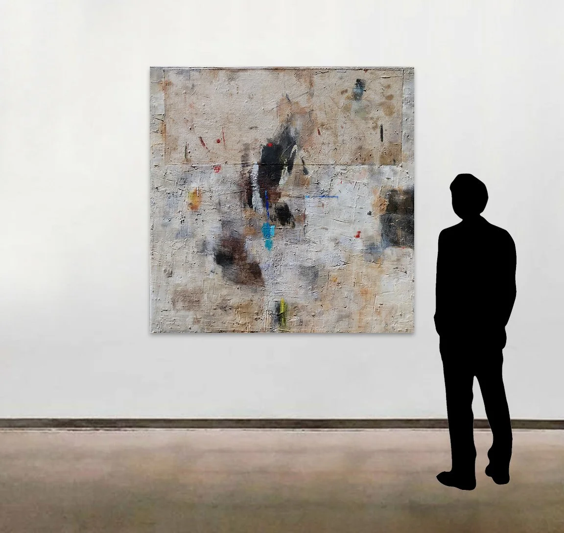 Tamar Kander’s mixed media on canvas work, Splash, shown here to scale alongside a six foot tall figure.