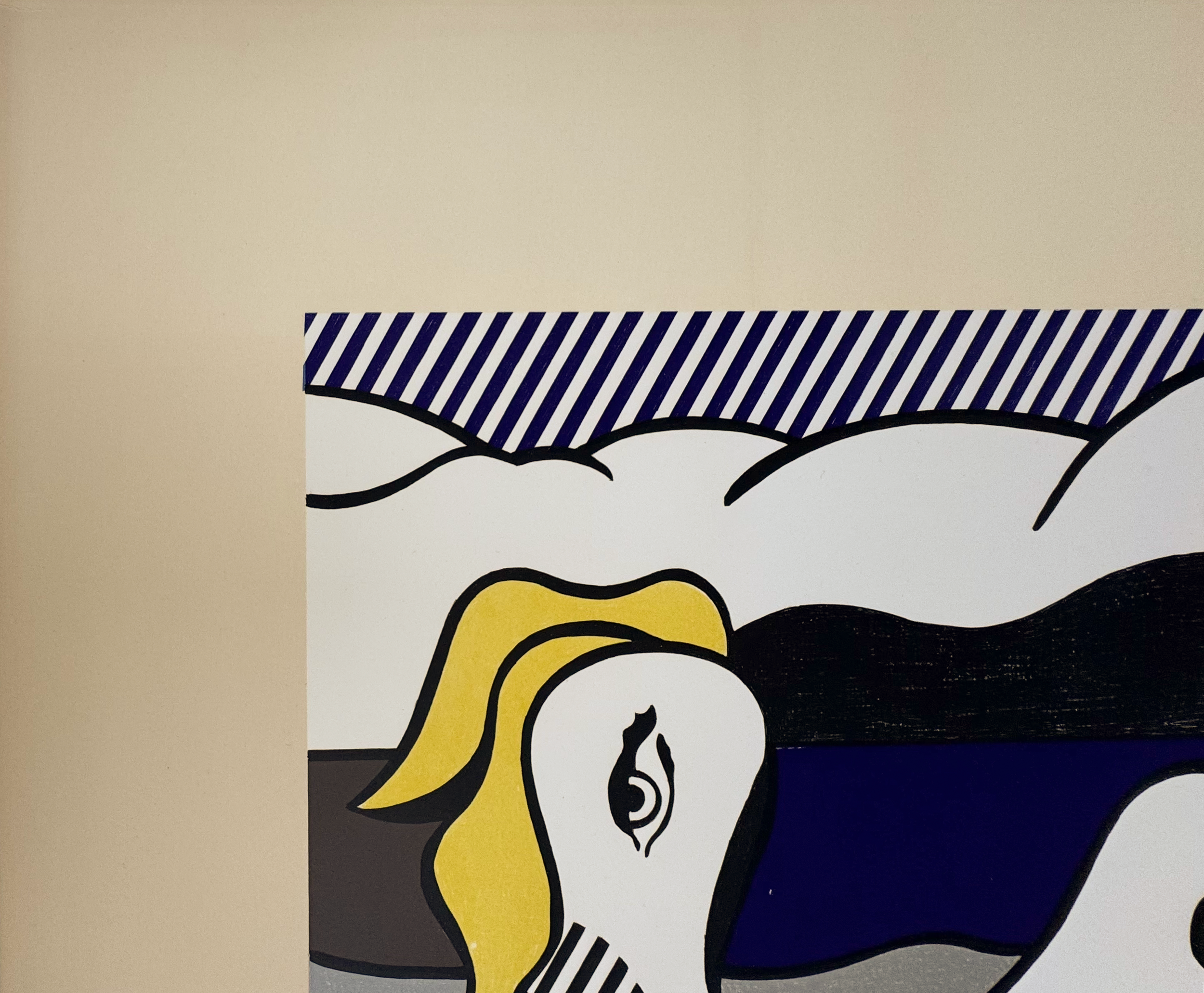 An upper left detail from 'At The Beach', a lithograph on Arches paper by Roy Lichtenstein. The work is shown here framed and scaled alongside a six-foot-tall figure.