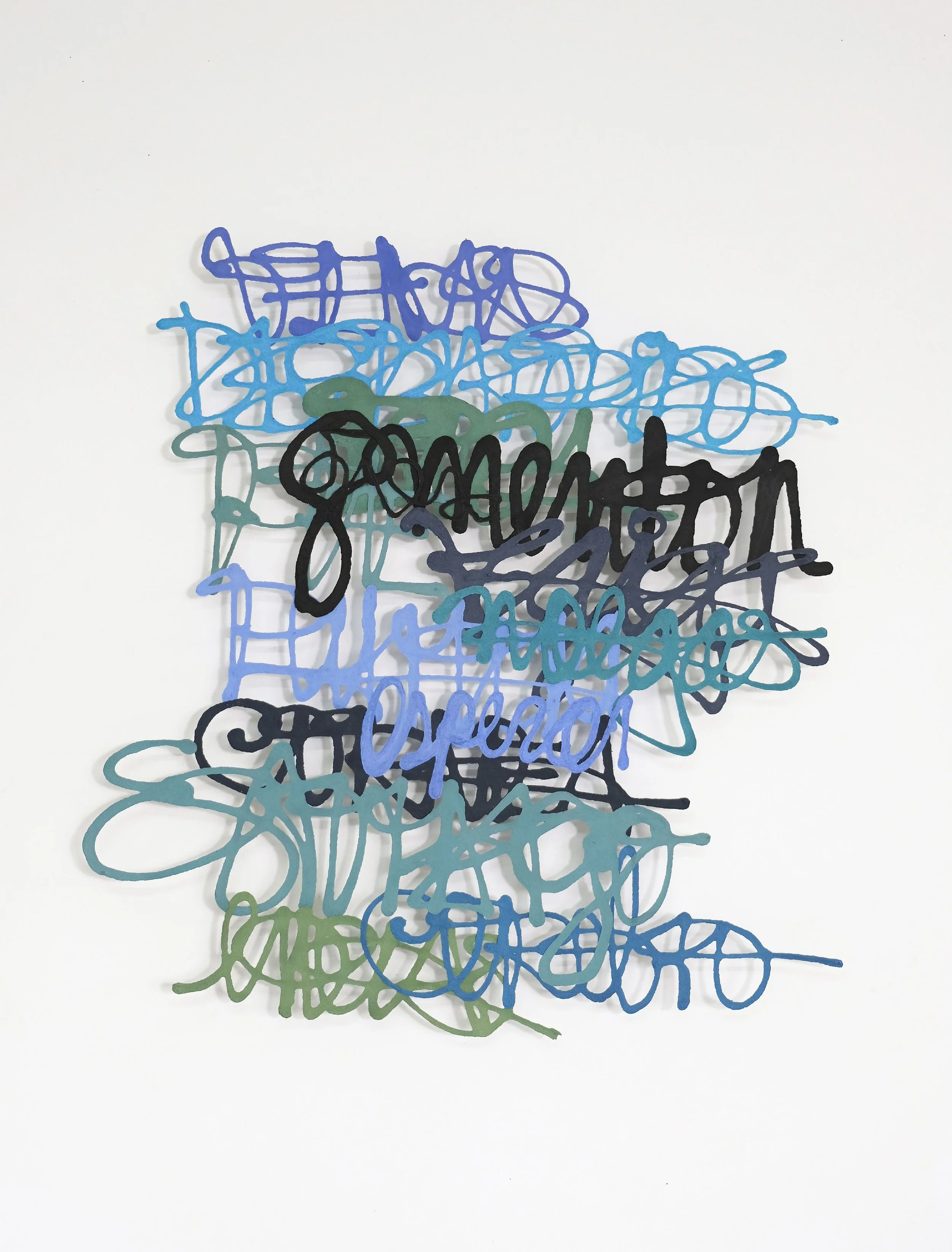 Miriam Londoño’s handmade paper work, 'Invasive Words 3', shown here unframed against a white backdrop.