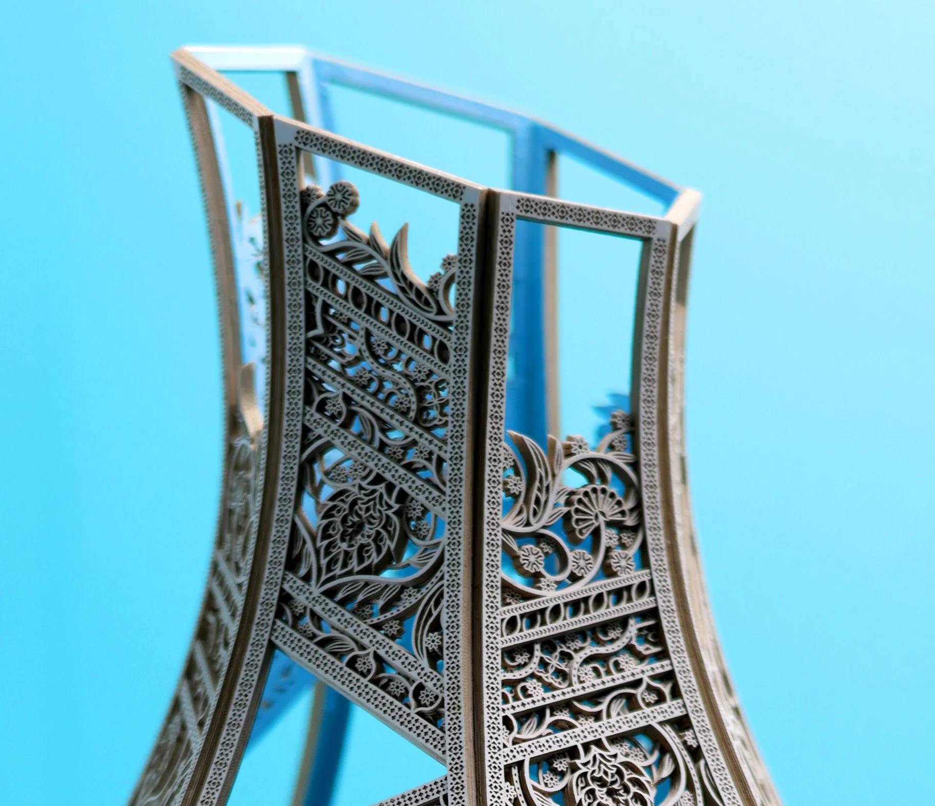 A detail from the top of Julia Ibbini’s 'Rebel Artefacts - Saba’a'. The work is comprised of layered laser cut papers, ink and cotton.