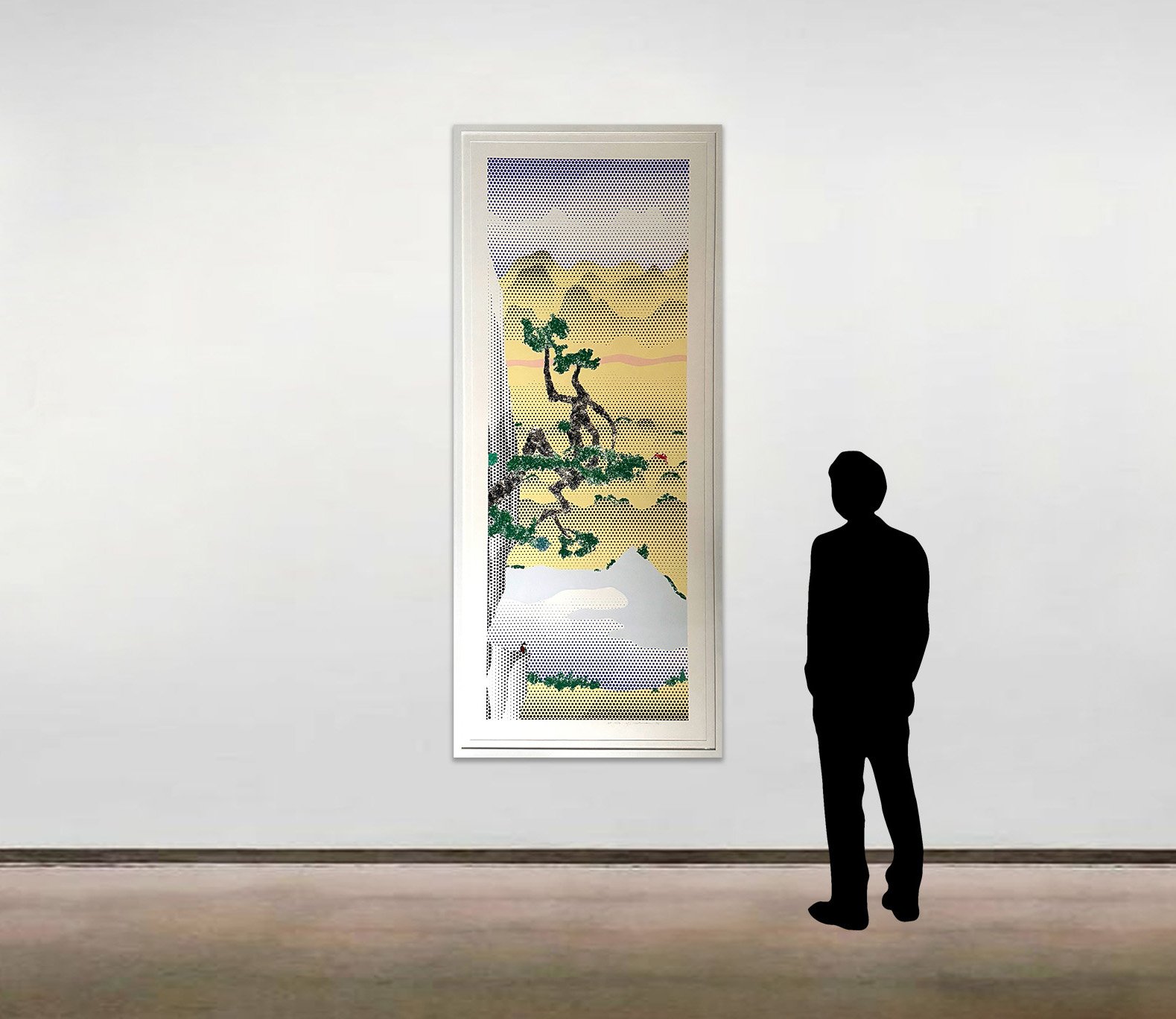 Roy Lichtenstein’s lithograph and screenprint on Lanaquarelle watercolor paper, 'Landscape with Poet'. The work is shown here framed and scaled alongside a six-foot figure.