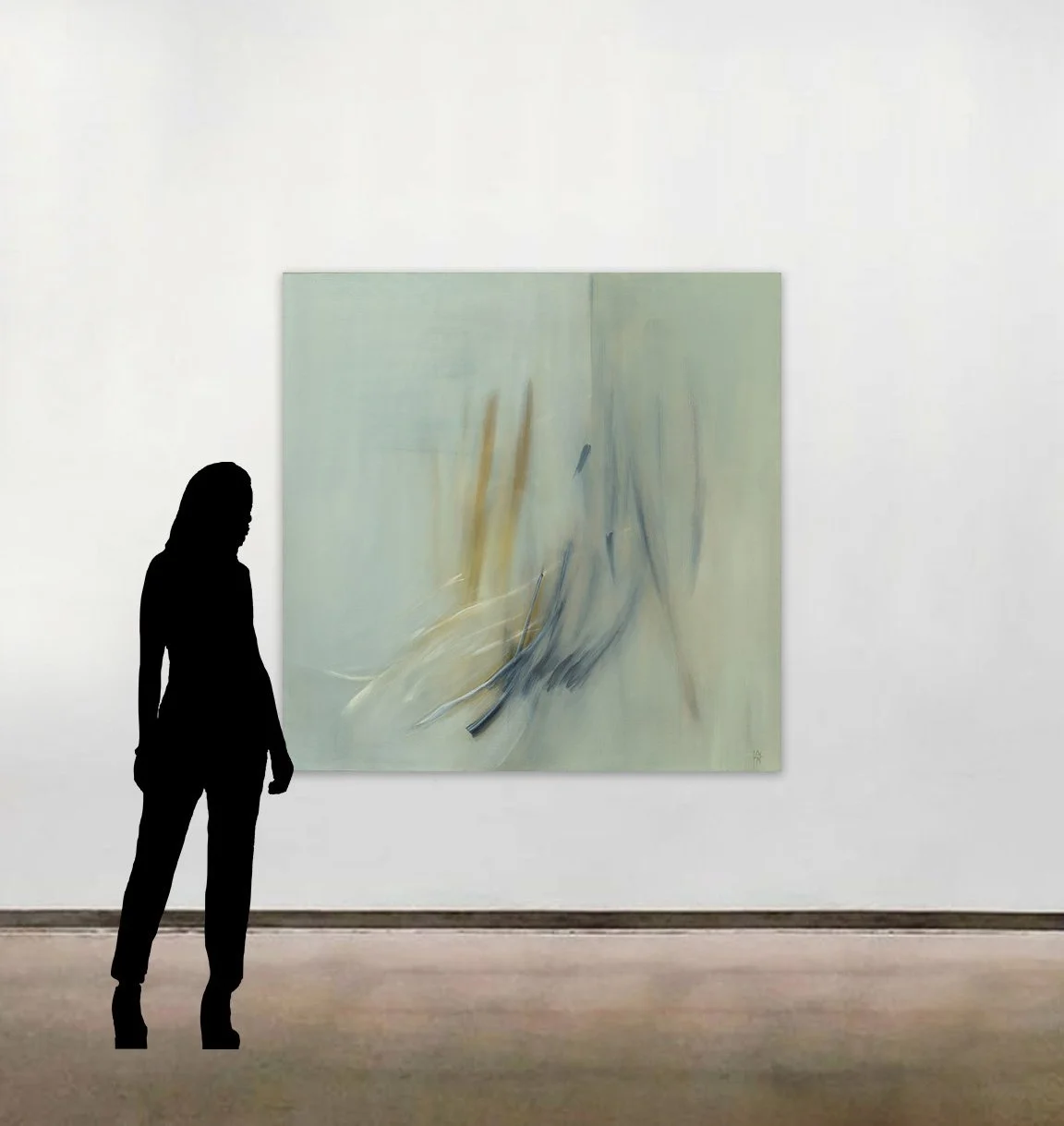 Amy Kirchner’s abstract painting with acrylics, 'Pale Field', shown here to scale alongside a six foot tall figure.
