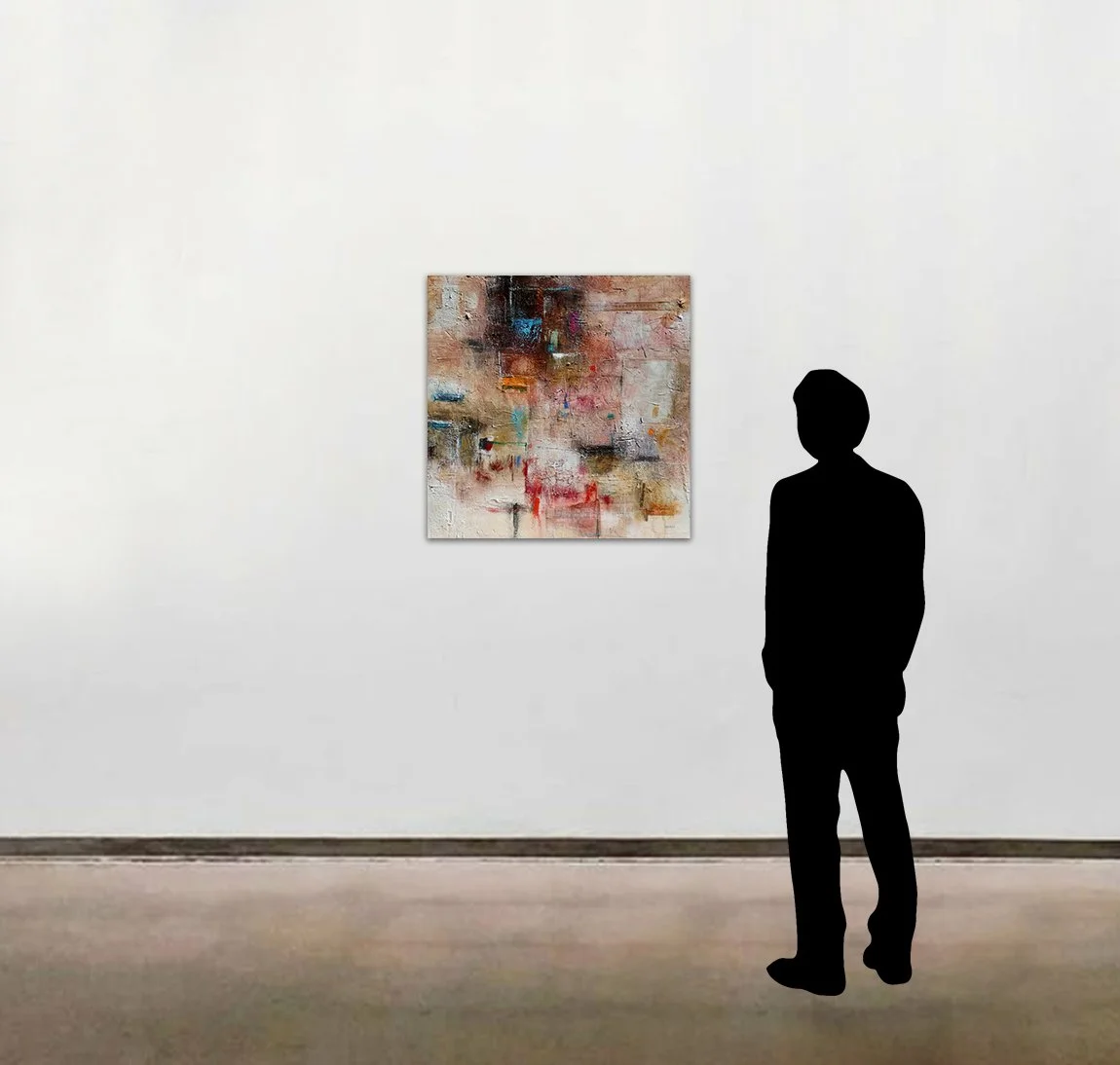 Tamar Kander’s mixed media work on canvas, 'Chord Change', shown here to scale beside a 6 foot tall figure.