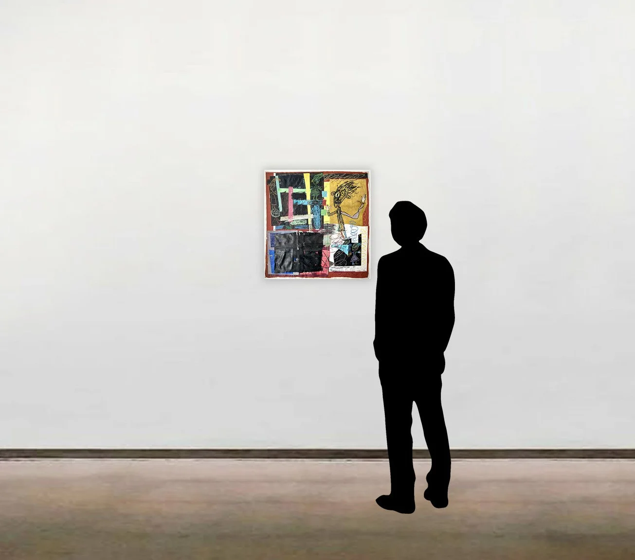 David Spiller’s collage on paper with crayon, 'Beautiful', shown here unframed and scaled beside a six-foot-tall figure.
