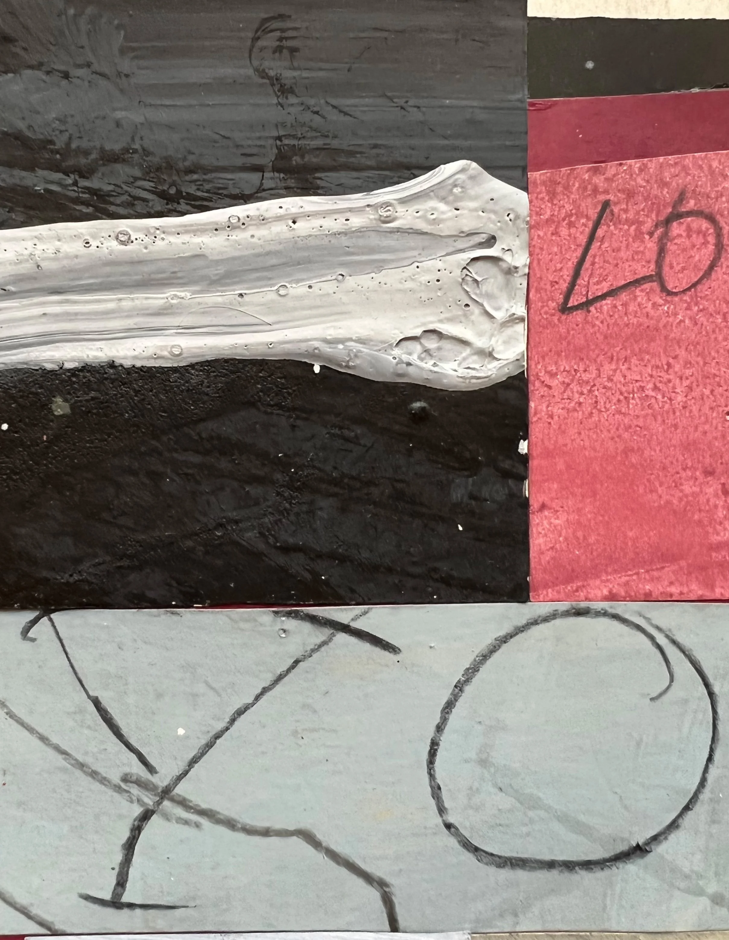 An upper left detail image of David Spiller’s acrylic and colored pencil on collage work, ‘Love You’, shown here unframed.