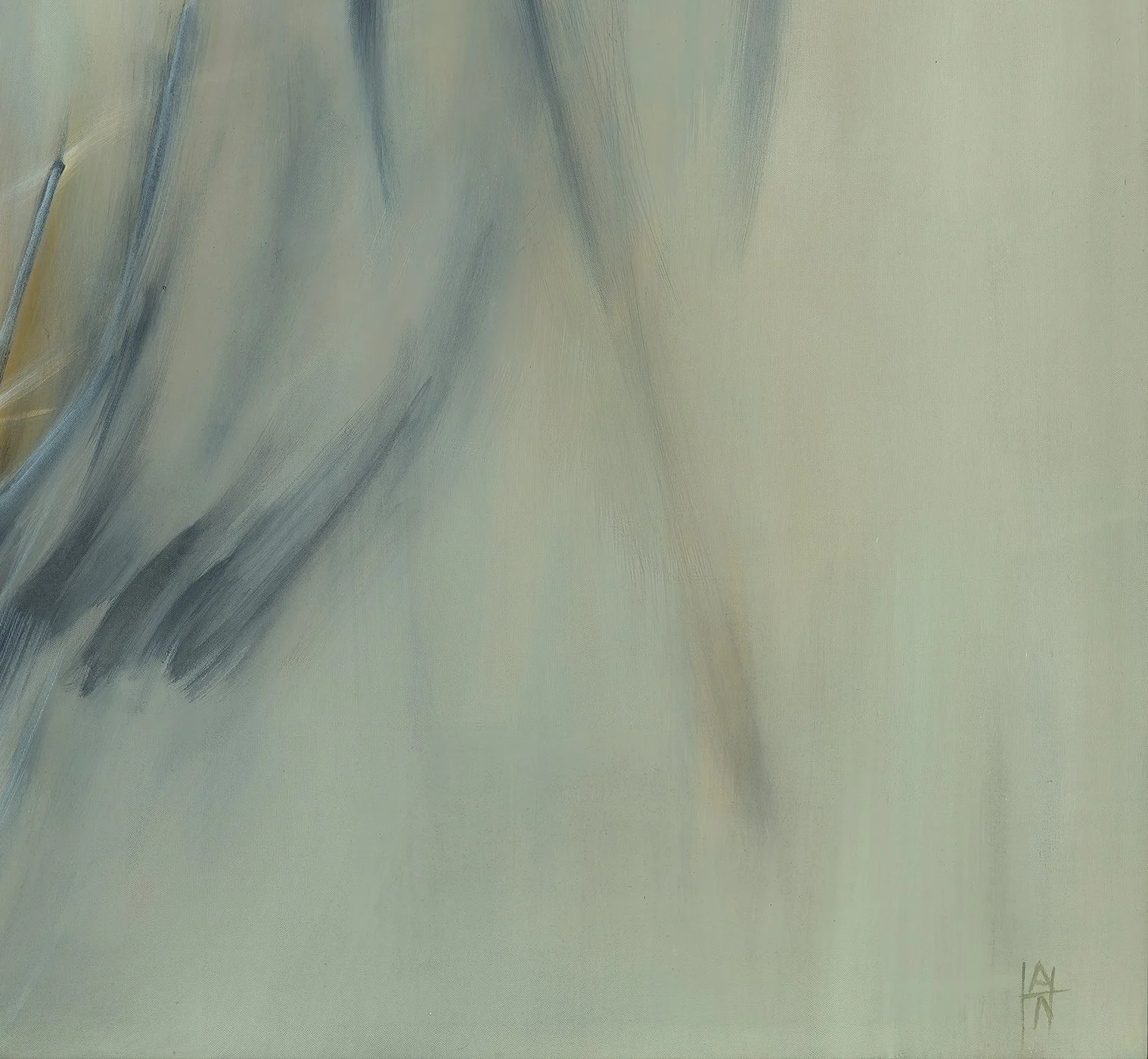 A lower right detail image of Amy Kirchner’s 2026 acrylic on canvas work, 'Pale Field'. The artist’s initials may be seen at bottom right.