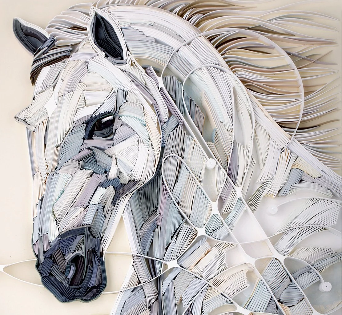 An upper left detail image from Yulia Brodskaya’s 'Year of the Horse’, a work comprised of intricately arranged pieces of paper.