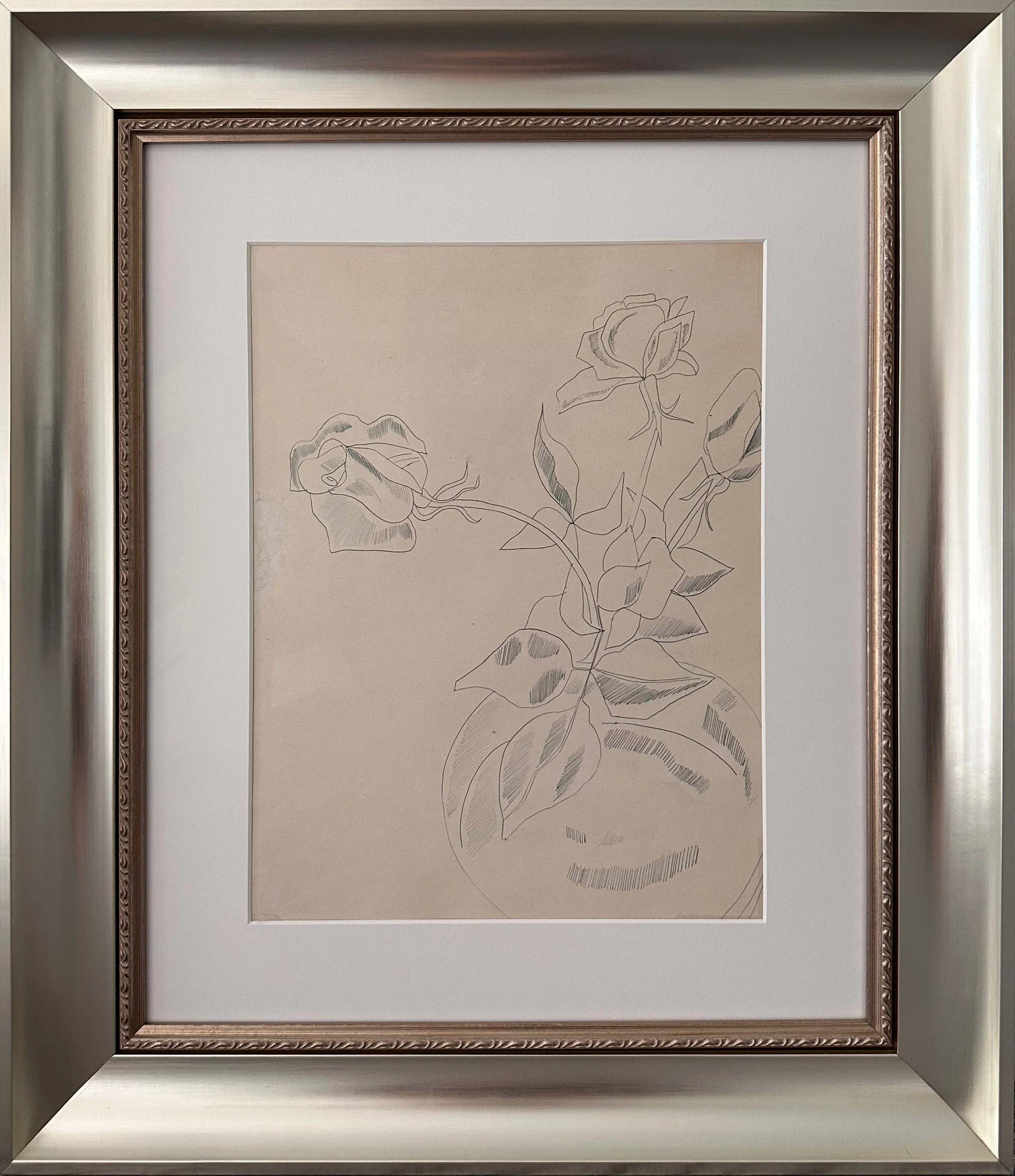 Andy Warhol’s unique blue ballpoint pen drawing on paper, 'Flowers', shown here framed.