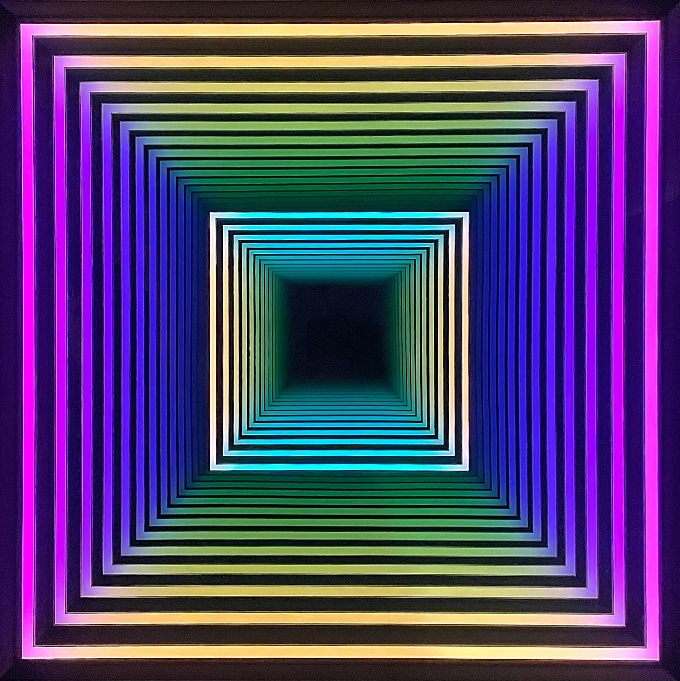 A front facing image of Chul Hyun Ahn’s 2024 work, ‘Two Squares’. The work consists of plywood, changing LED lights and mirrors.