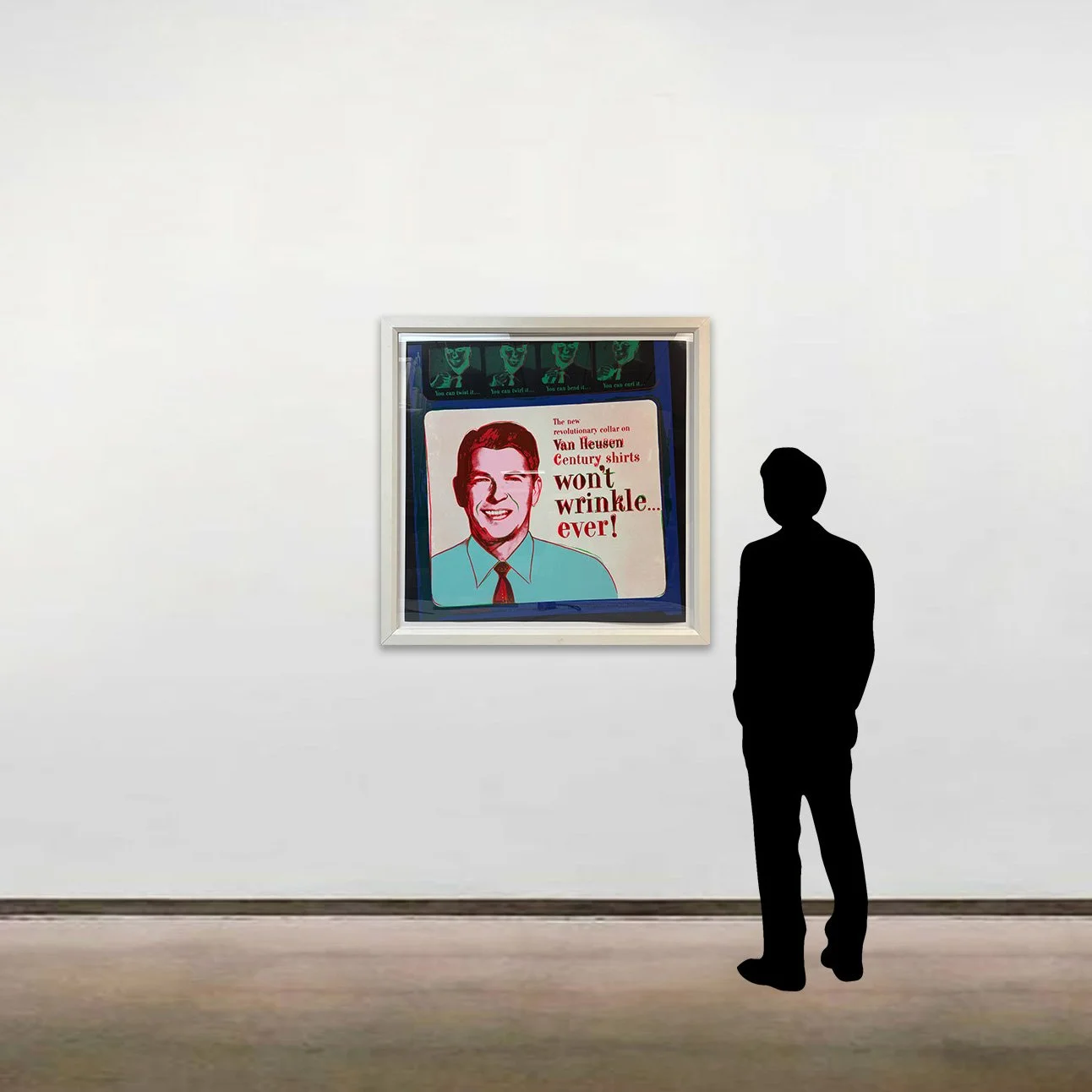 Andy Warhol’s screenprint on Lenox Museum Board, 'Van Heusen (Ronald Reagan)', dated 1986, shown here framed alongside a six-foot figure for scale.